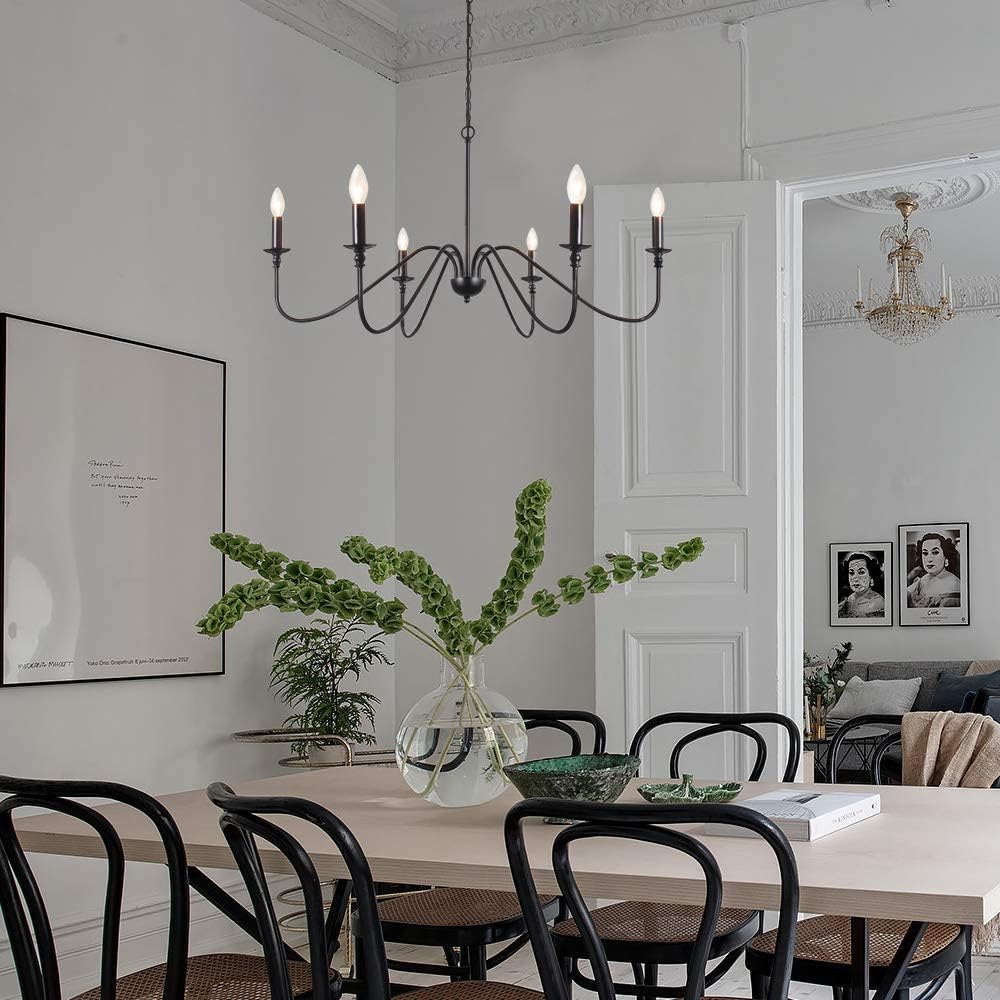 T&A Black 6-Light Chandeliers,Classic Candle Ceiling Pendant Light Fixture,Wrought Iron Farmhouse Chandelier Kitchen Island Dining Room Living Room