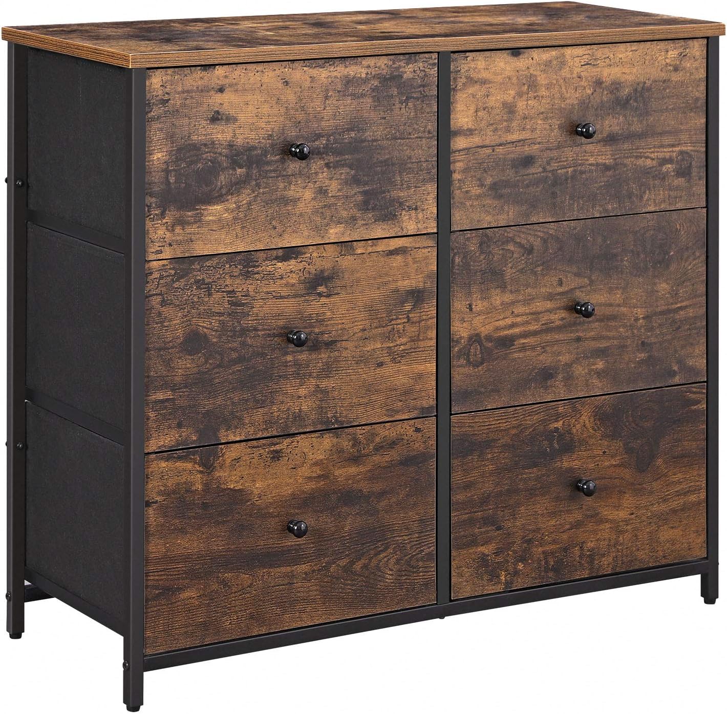 SONGMICS Rustic Drawer Dresser, Wide Storage Dresser with 6 Fabric Drawers, Industrial Closet Storage Drawers with Metal Frame, Wooden Top and Front, Rustic Brown and Black ULGS23H