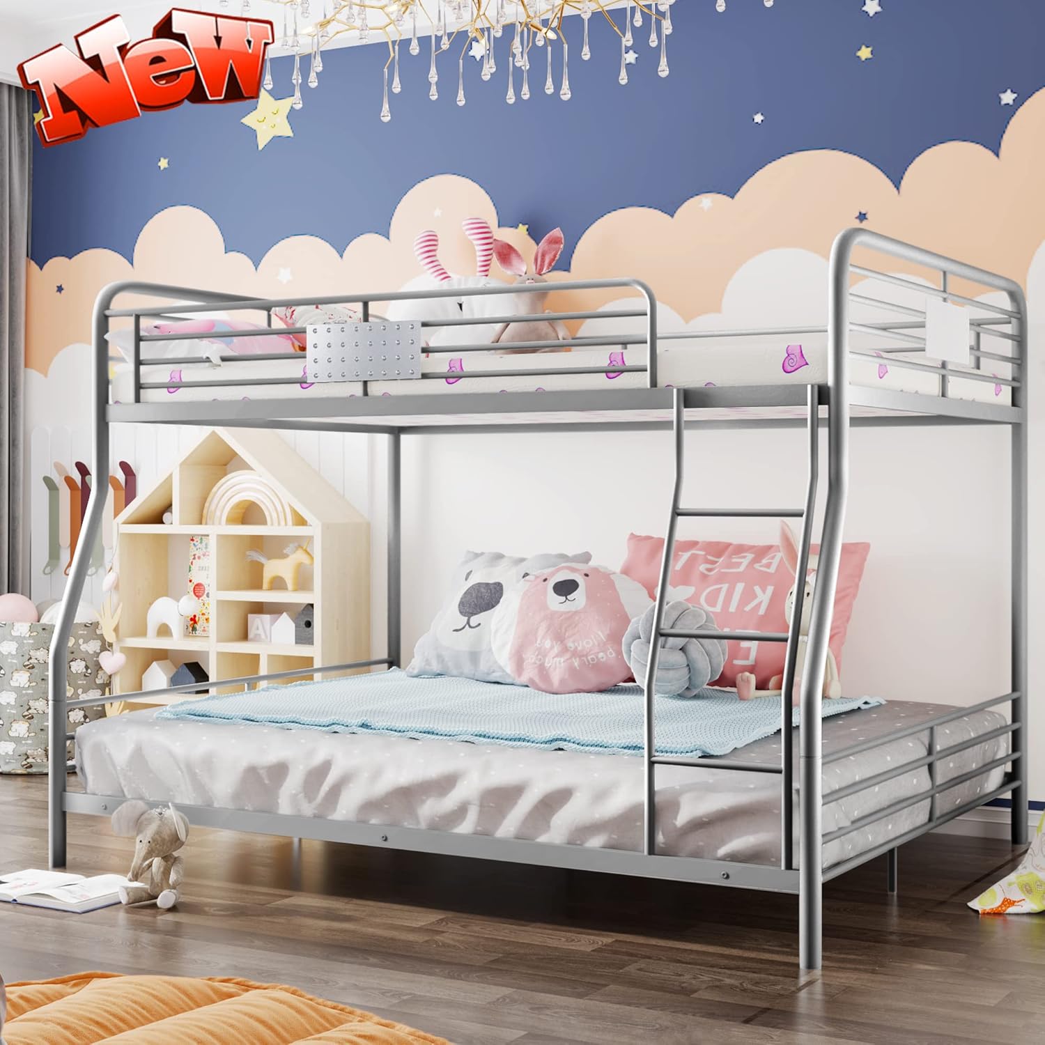 DANGRUUT Upgraded Version Thick Metal Full XL Over Queen Bunk Beds, Best Contemporary Bunk Bed Sturdy Steel Bed Frame with Ladder and Safety Rails, Convertible to 2 beds for Kids, Adults (Black)
