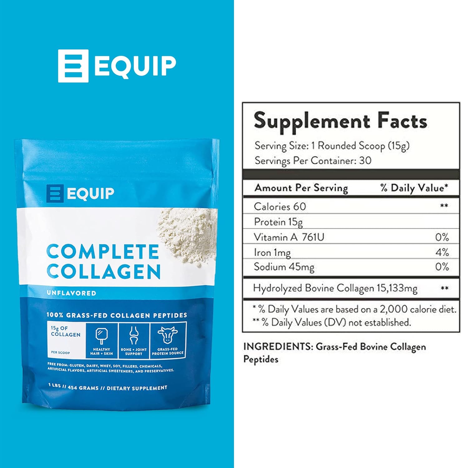 Equip Foods Complete Collagen - 100% Grass Fed Hydrolyzed Collagen Peptides Powder with Amino Acids for Pre Workout and Post Workout Recovery - 1 Pound, Unflavored - Supports Bones and Joints Pack of 2