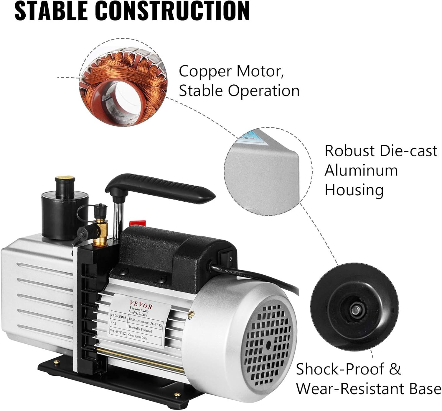 VEVOR Vacuum pump 8CFM 1 HP Two Stage Air Conditioning Vacuum Pump 120V 0.3PA Ultimate Vacuum Refrigerant HVAC Air Tool for Automobile Reparation Vacuum Evacuation (2-Stage, 8CFM)