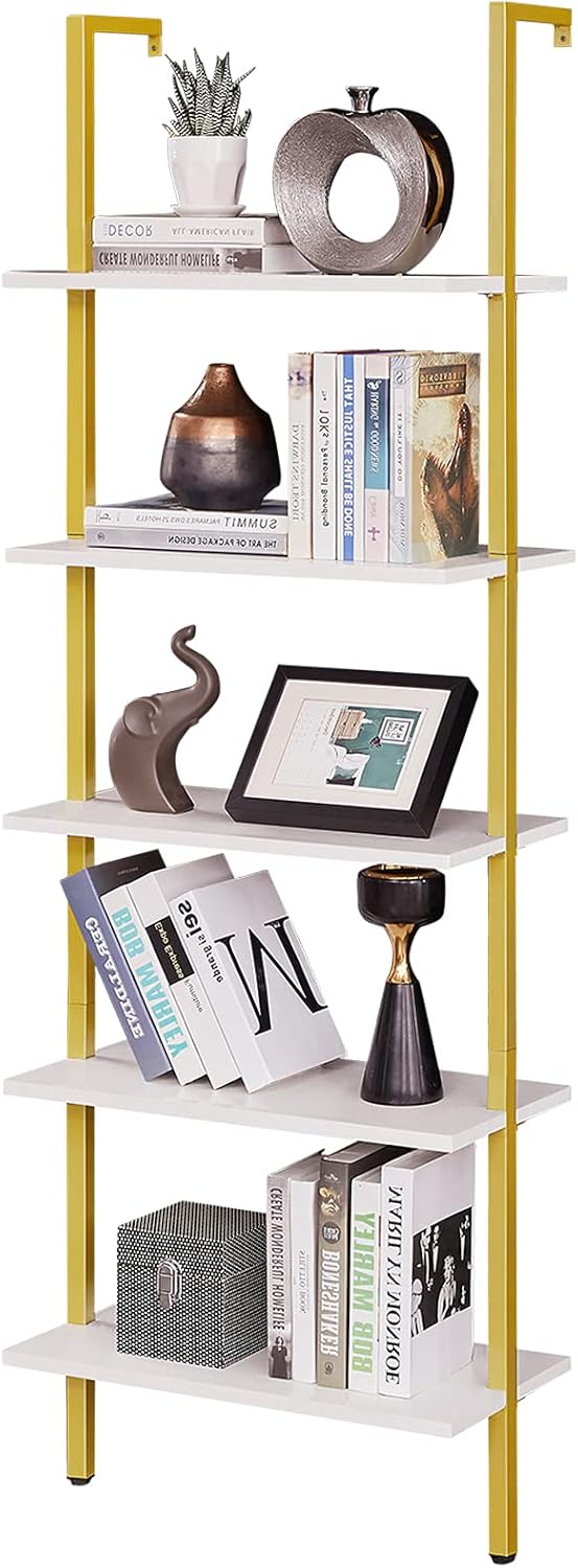 PRAISUN Ladder Shelf, 5 Tier Industrial Bookshelf for Bedroom, Open Wall Mount Bookshelf, Display Storage Rack Organizer, White and Gold Shelves
