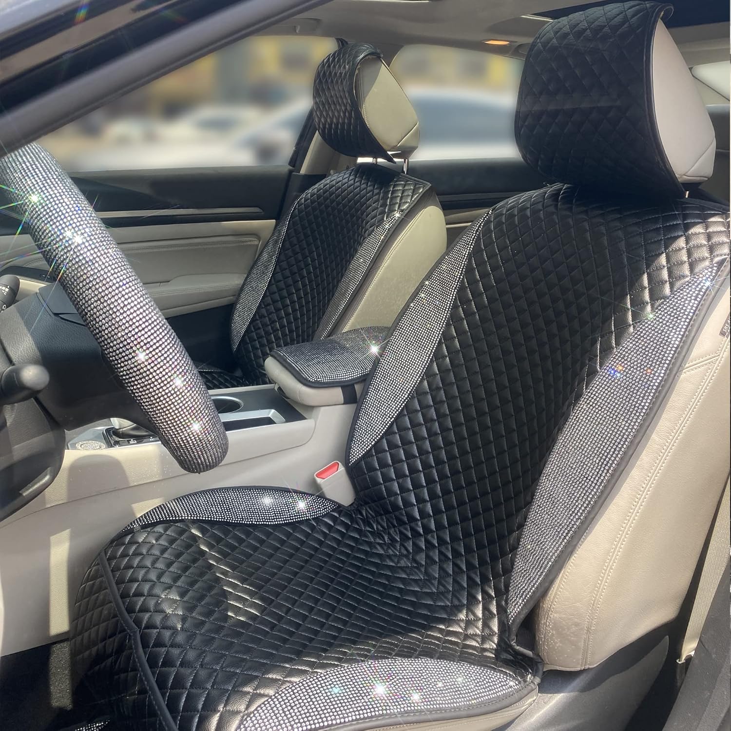 Lady Crystal 1 Pair Bling Front Leather Car Seat Covers, Luxury Car Protectors, Universal Anti-Slip&Sun-Resistant Driver Seat Cover with Backrest,Durable&Comfy