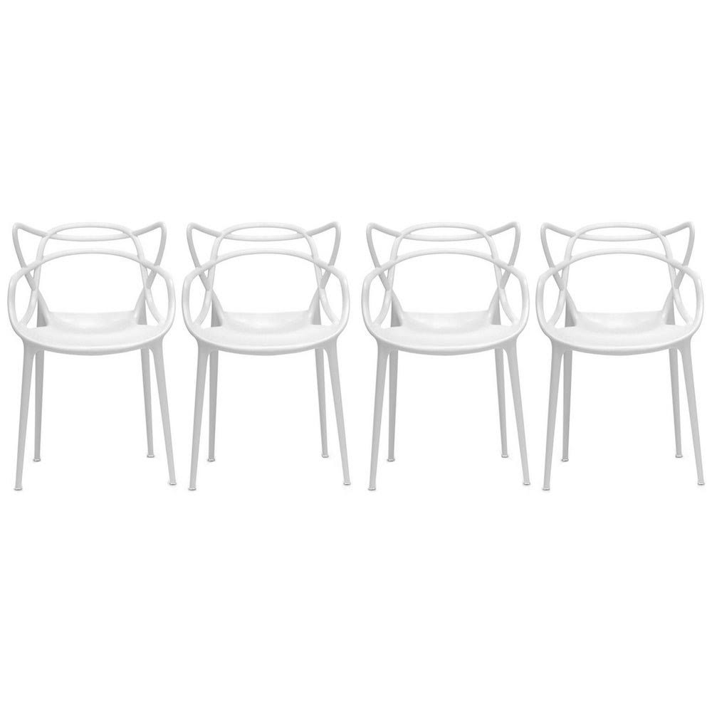2xhome Set of 4 Modern Stacking Design Molded Chairs Dining with Arms Armchairs Living Room Kitchen - White
