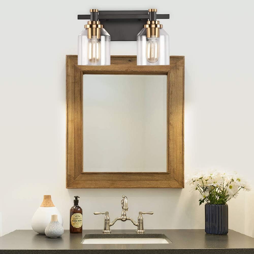 Create for Life&reg; 2-Light Bathroom Vanity Light,Industrial Wall Sconce Bathroom Lighting,Matte Black Finish,Brushed Bronze Copper Accent Socket,Clear Glass Shade