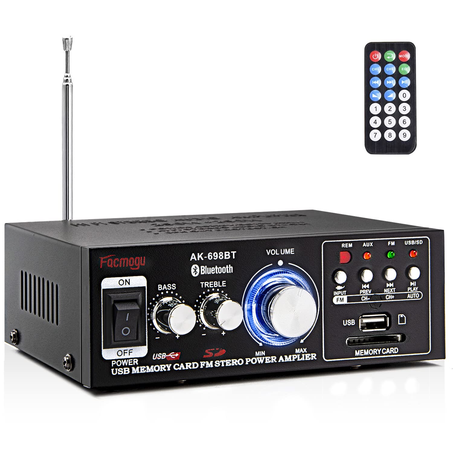 Facmogu AK-698BT Bluetooth Audio Power Amplifier 250W+250W, 110V US Plug Built-in Power Adapter, BT 5.0 Wireless Hi-Fi Car Stereo Amp with USB SD Card FM Radio for Home Theater Karaoke Speakers