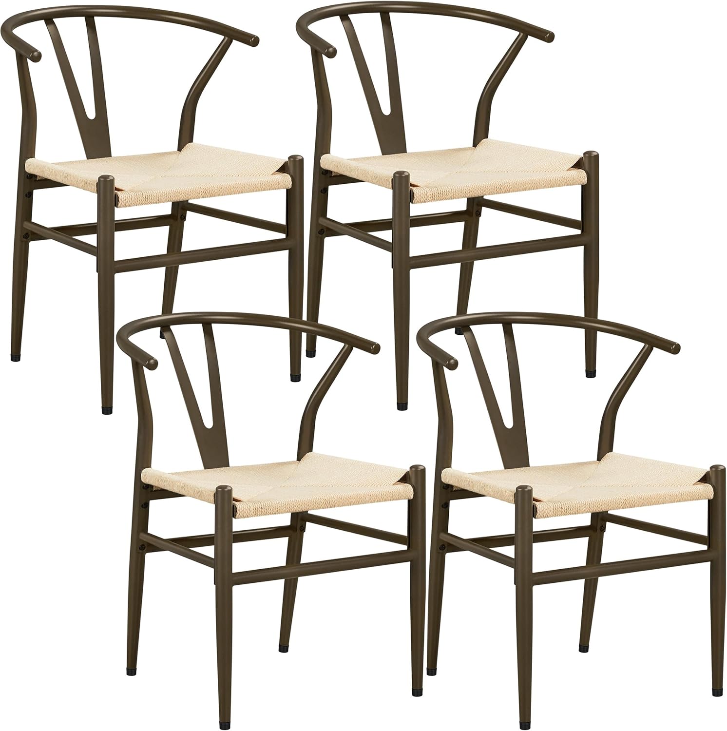 Yaheetech Set of 4 Weave Chair Mid-Century Metal Dining Chair Y-Shaped Backrest Hemp Seat, Wood Color