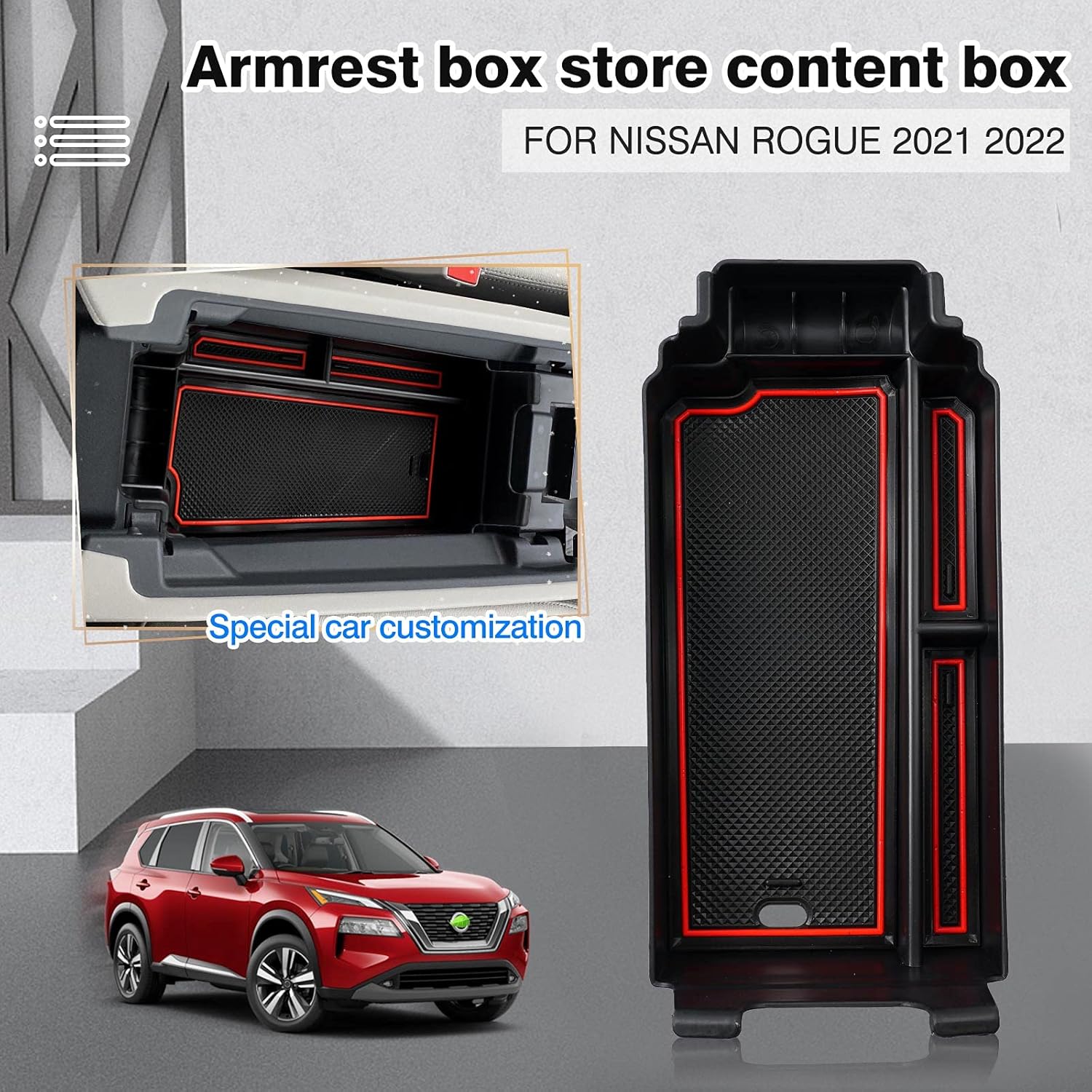 Autorder Custom Fit for Center Console Organizer Nissan Rogue 2021 2022 T33 Accessories Armrest Box Secondary Storage Box Insert Tray with Black Mat