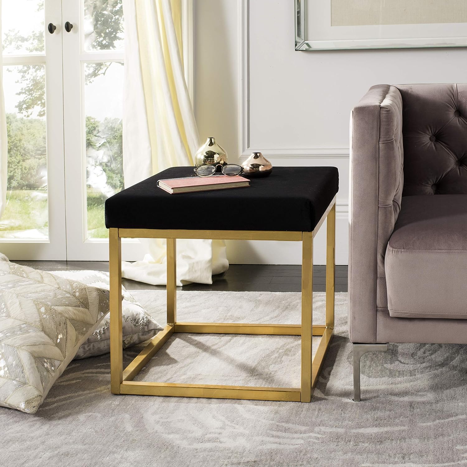 Safavieh Home Collection Rowan Black Contemporary Glam Velvet Square Ottoman,