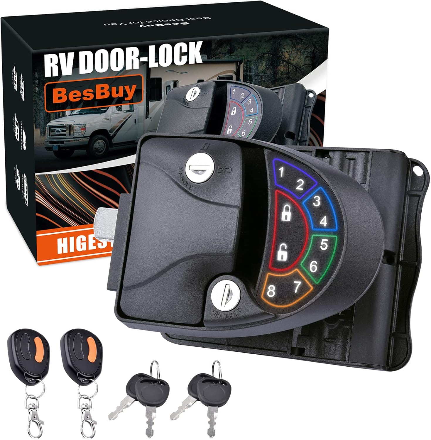 2022 Upgraded RV Door Lock, BesBuy Keyless Entry RV Door Latch RV Lock Remote Control & Integrated Password Keyword & Mechanical Key Trailer Door Latch Waterproof Zinc Alloy Metal RV Door Handle Black
