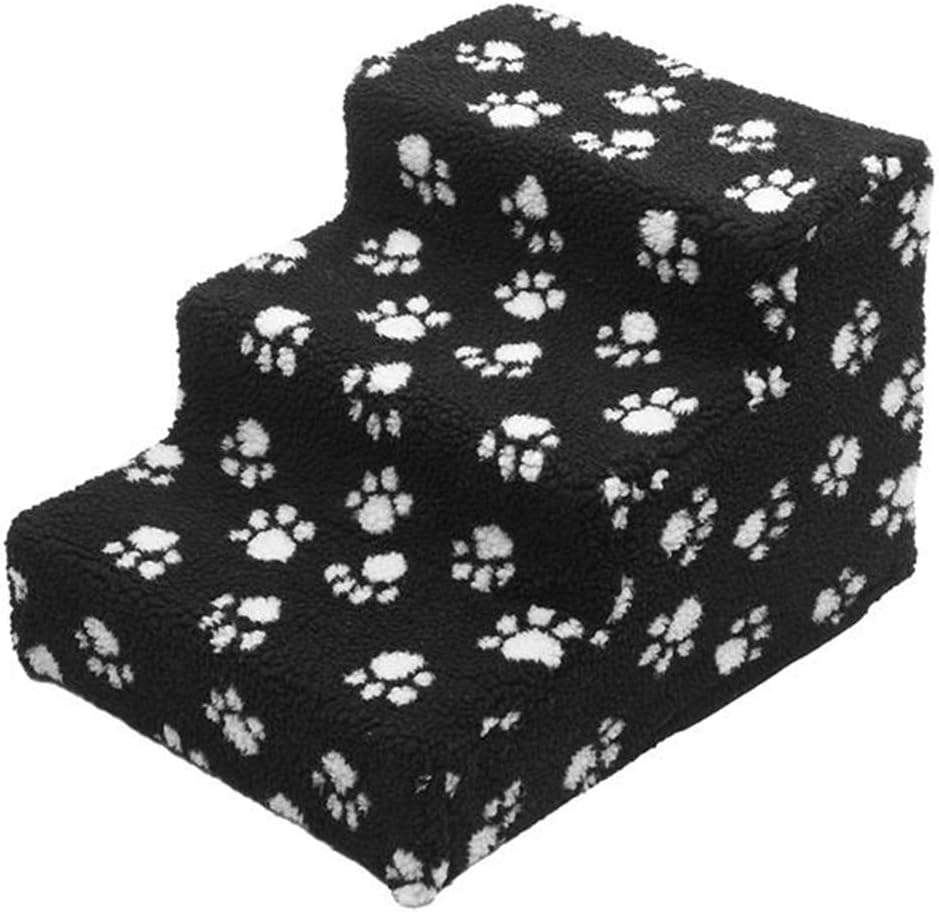 Hankyky Pet Steps Dog Stairs Pet Furniture- 3 Steps Dog Stairs for Beds, Small Dog Ramps with Removable Plush Brown Cover for Doggie, Cat, Need to Assemblable Ship from USA (Dog Paws on Black)