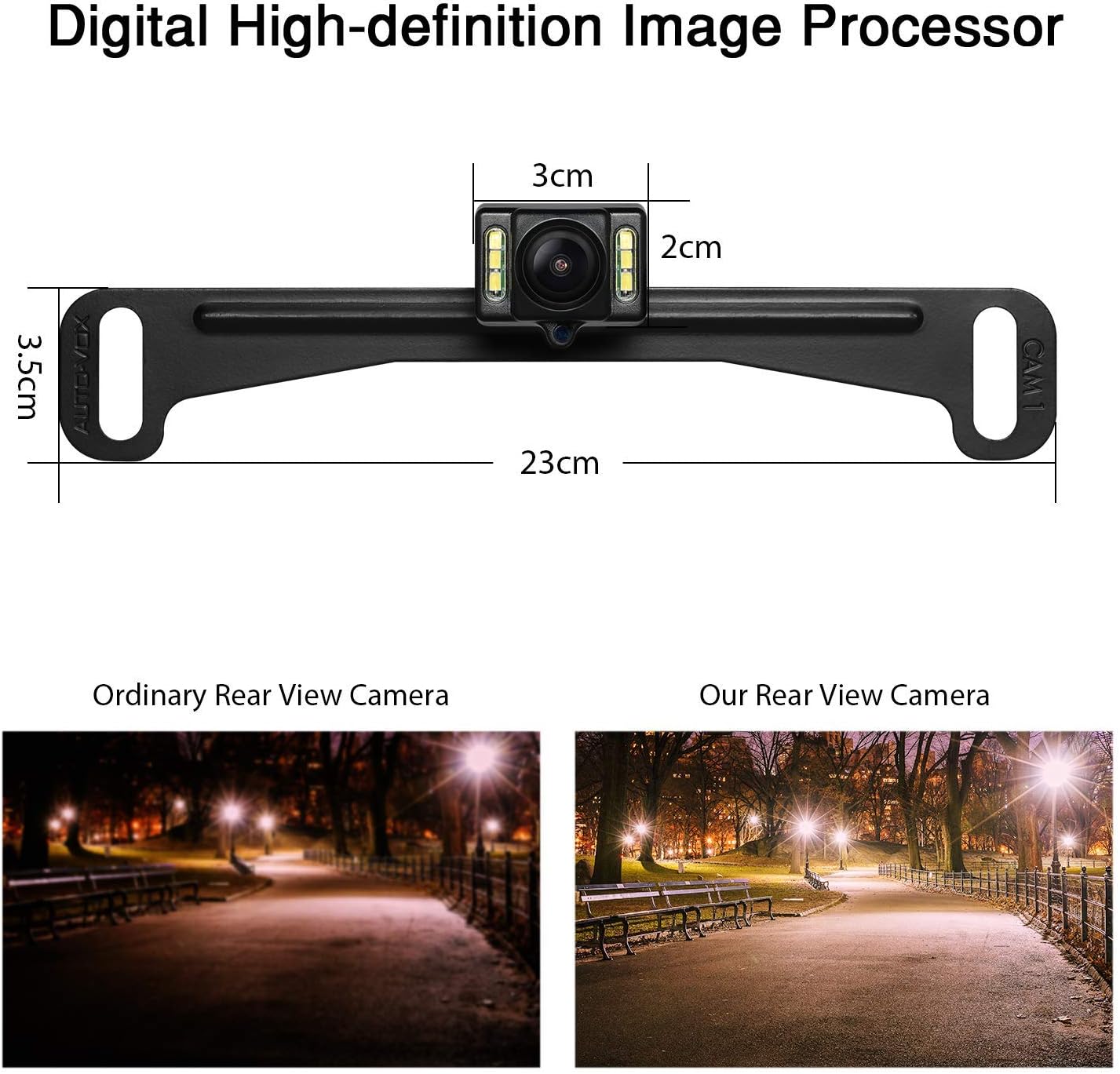 AUTO-VOX Cam1 HD Car Rear View Backup Camera of License Plate for Truck & RV with The Features of IP68 Waterproof High Brightness Light Sensor Night Vision LEDs，Fit All Cars