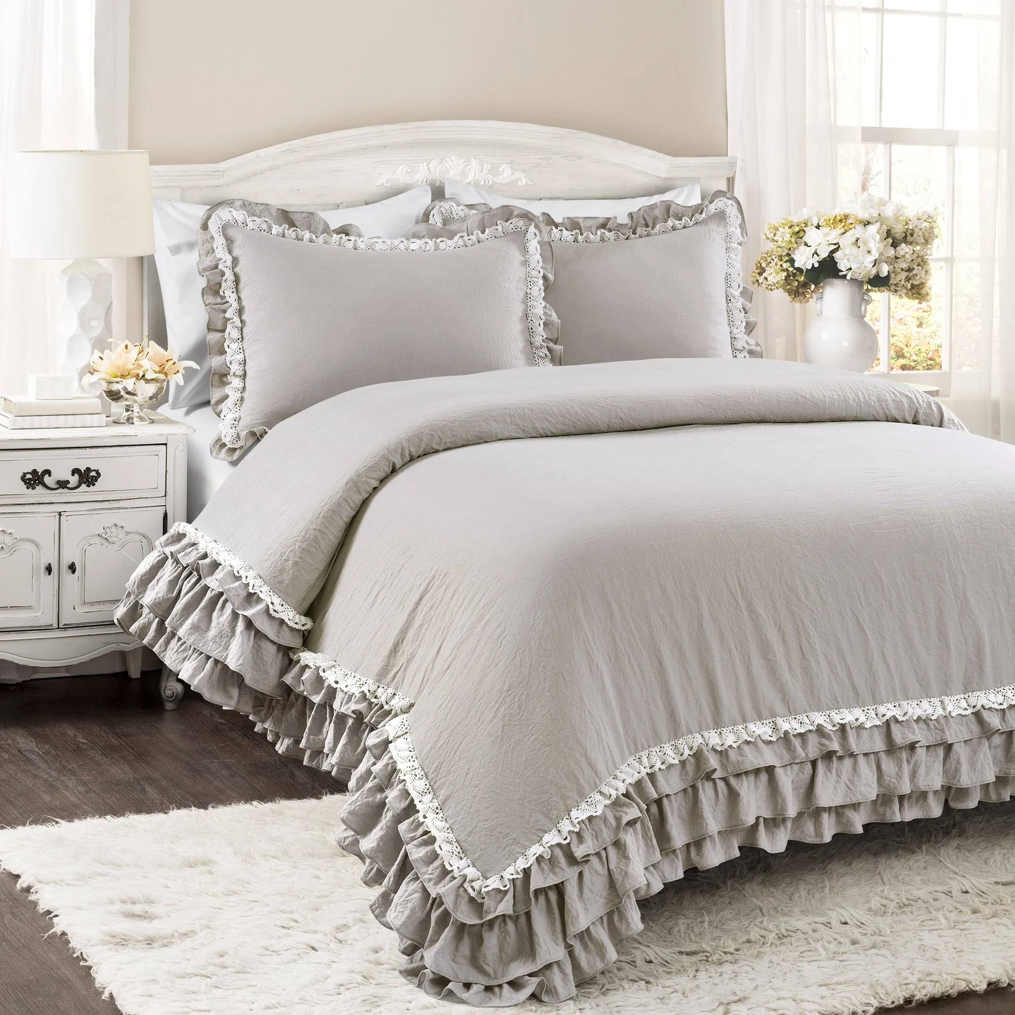 Lush Decor Ella Shabby Chic Ruffle Lace Comforter Light Gray 3PC Set King