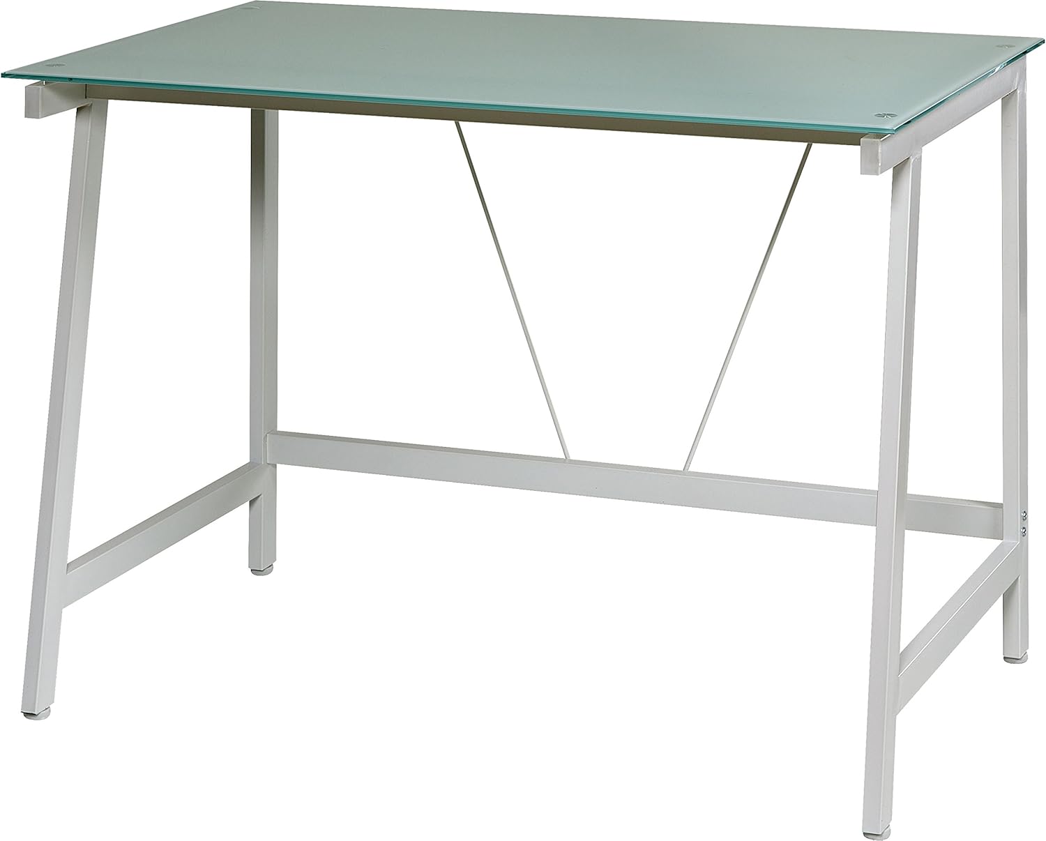 OneSpace Contemporary Glass Writing Desk, Steel Frame, White and Cool Blue