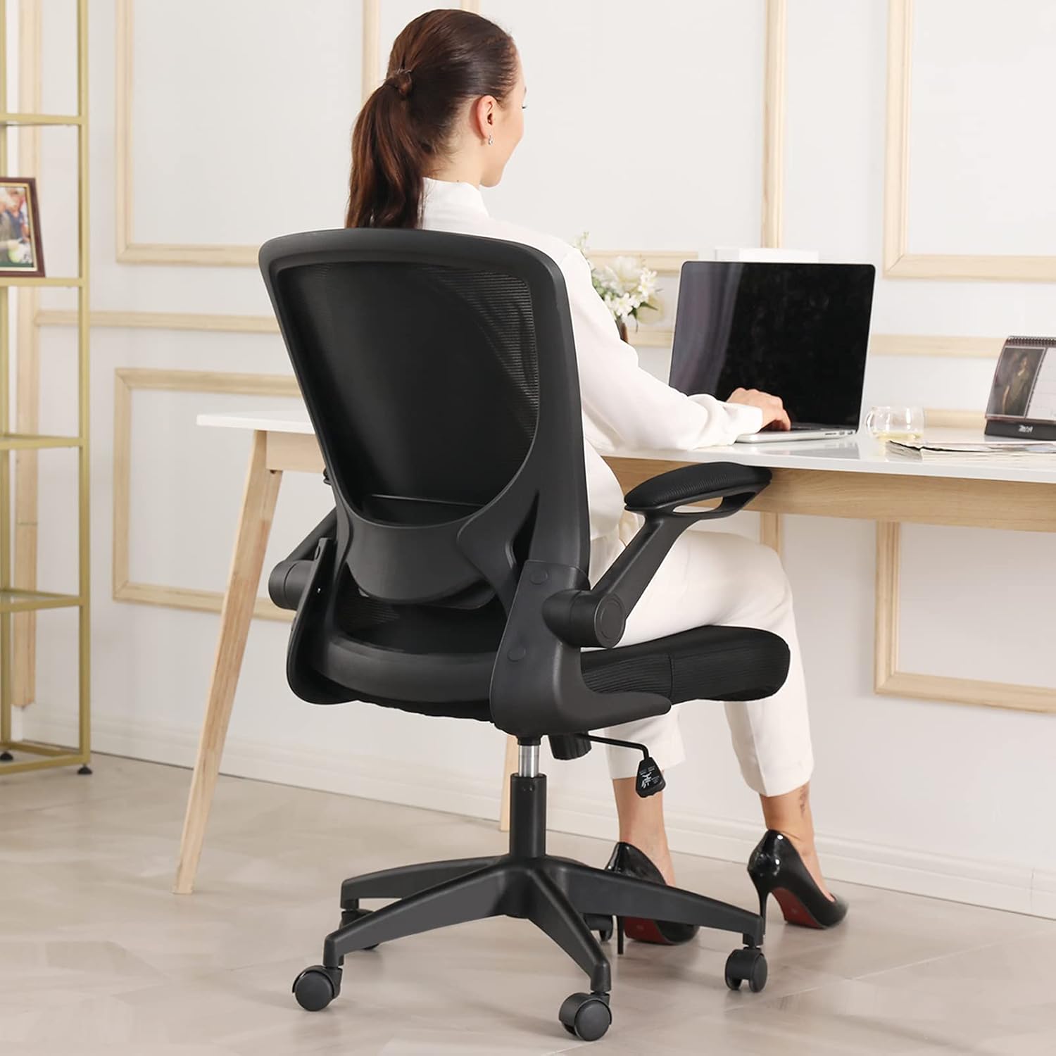 Ergonomic Office Chair, KERDOM Breathable Mesh Desk Chair, Lumbar Support Computer Chair with Wheels and Flip-up Arms, Swivel Task Chair, Adjustable Height Home Gaming Chair (Black)