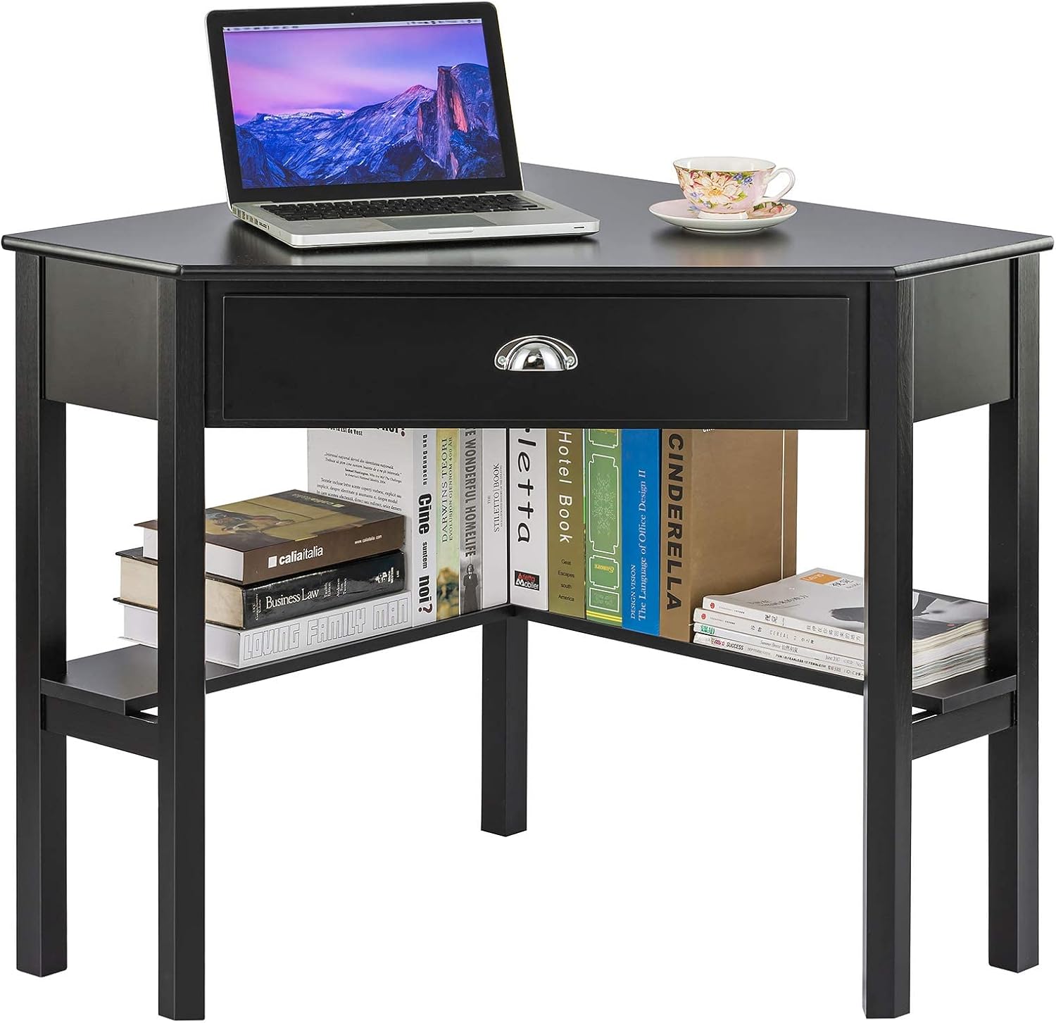 ZENODDLY Corner Desk Corner Computer Desk for Home Office Desks, Black Corner Desk with Drawer & Shelves Fits 90 Degree Corner, Versatile Corner Desk for Small Space Furniture