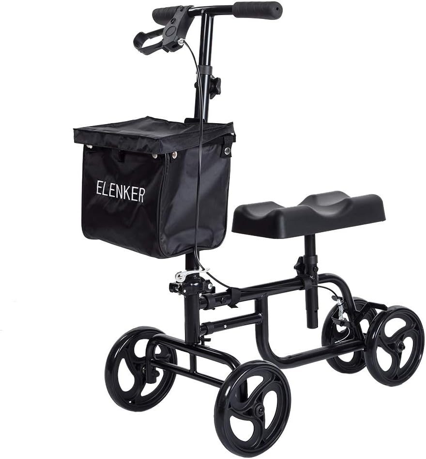 ELENKER Knee Scooter Economy Steerable Knee Walker Ultra Compact & Portable Crutch Alternative with Basket Braking System for Ankle/Foot/Leg Injury or Surgery Black