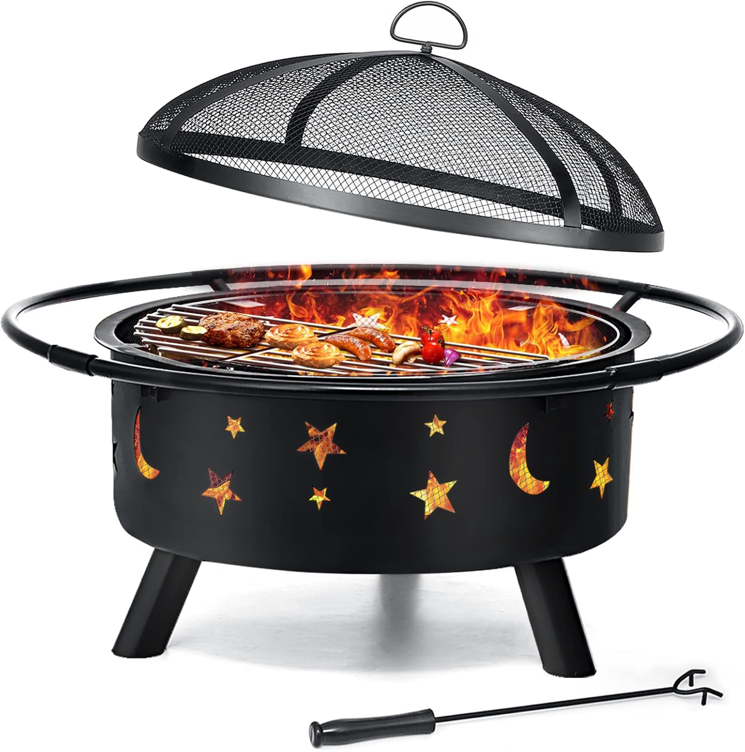 SINGLYFIRE 30 Inch Fire Pits for Outside Wood Burning Firepit Large Steel Outdoor Cooking Firepit Bowl for Patio Backyard Deck Picnic Porch Garden with BBQ Grill, Ash Plate,Spark Screen, Poker