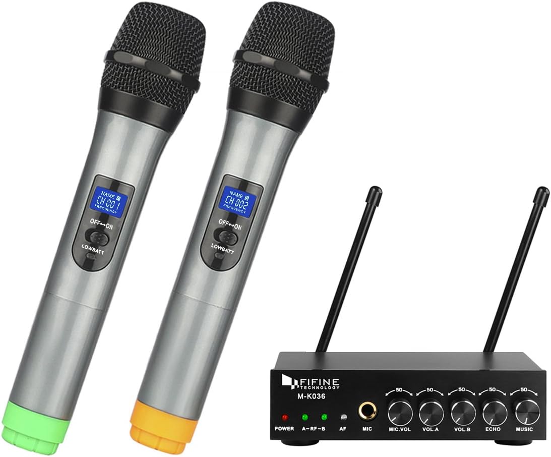 Fifine UHF Dual Channel Wireless Handheld Microphone, Easy-to-use Karaoke Wireless Microphone System-K036 Pack of 2