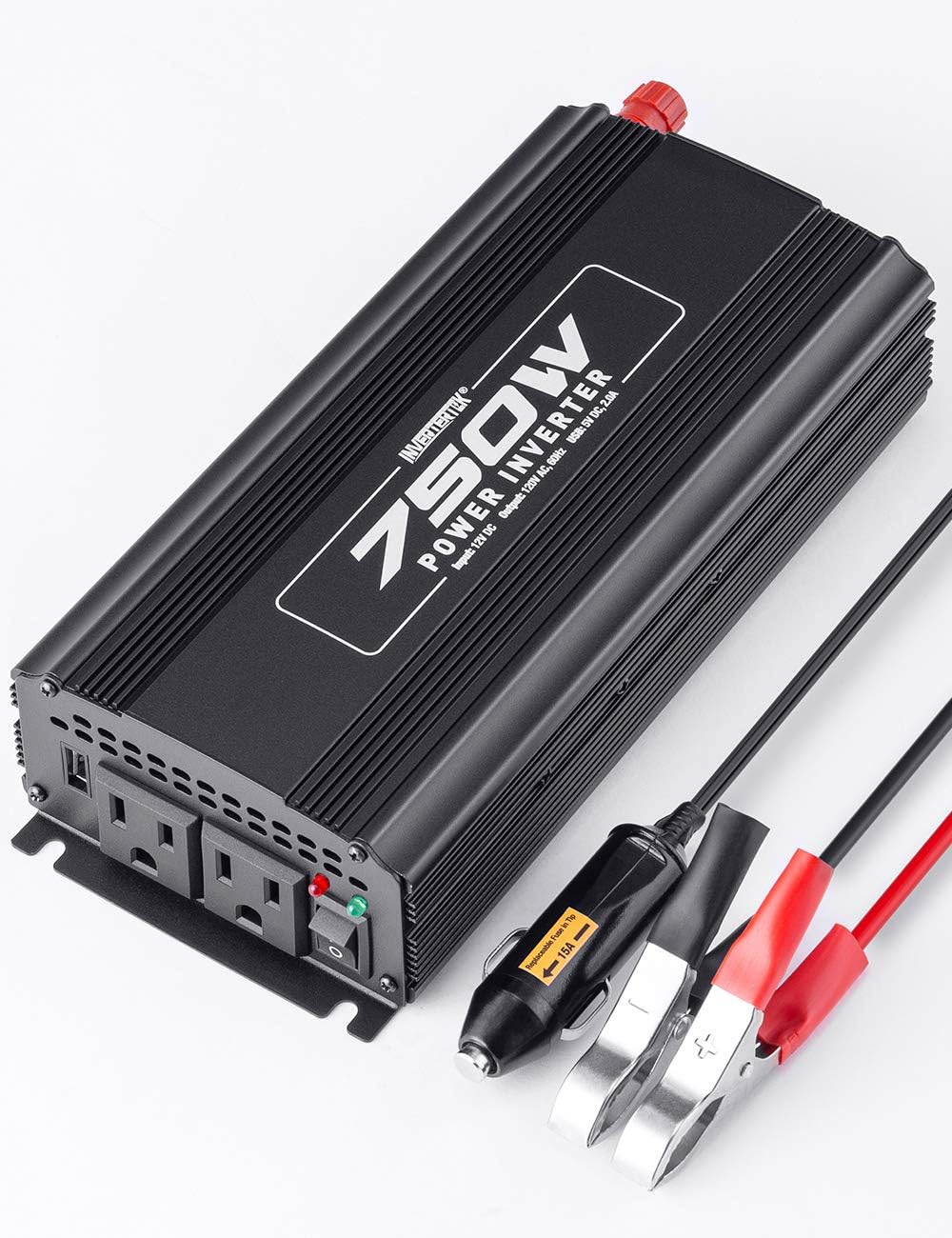 INVERTERTEK 750W Power Inverter DC 12V to 110V AC Car Adapter with 2A USB Charger and 2 AC Outlets Pack of 2