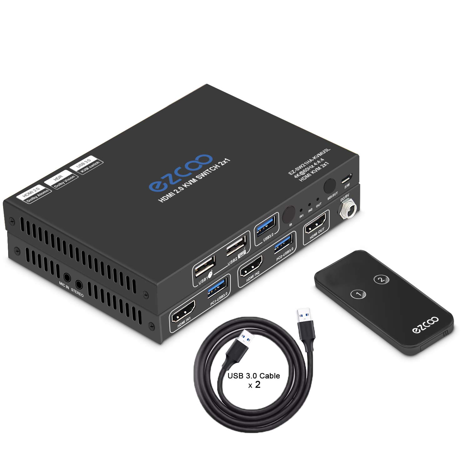USB 3.0 KVM Switch HDMI 2-Port 4K60 4:4:4 HDR Atmos 1 Monitor with Stereo Audio Extractor Mic IR Remote - for 2 Computers Share Keyboard Mouse Printer, 2 USB3.0 Cables,USB Selector Hub SW21KVM