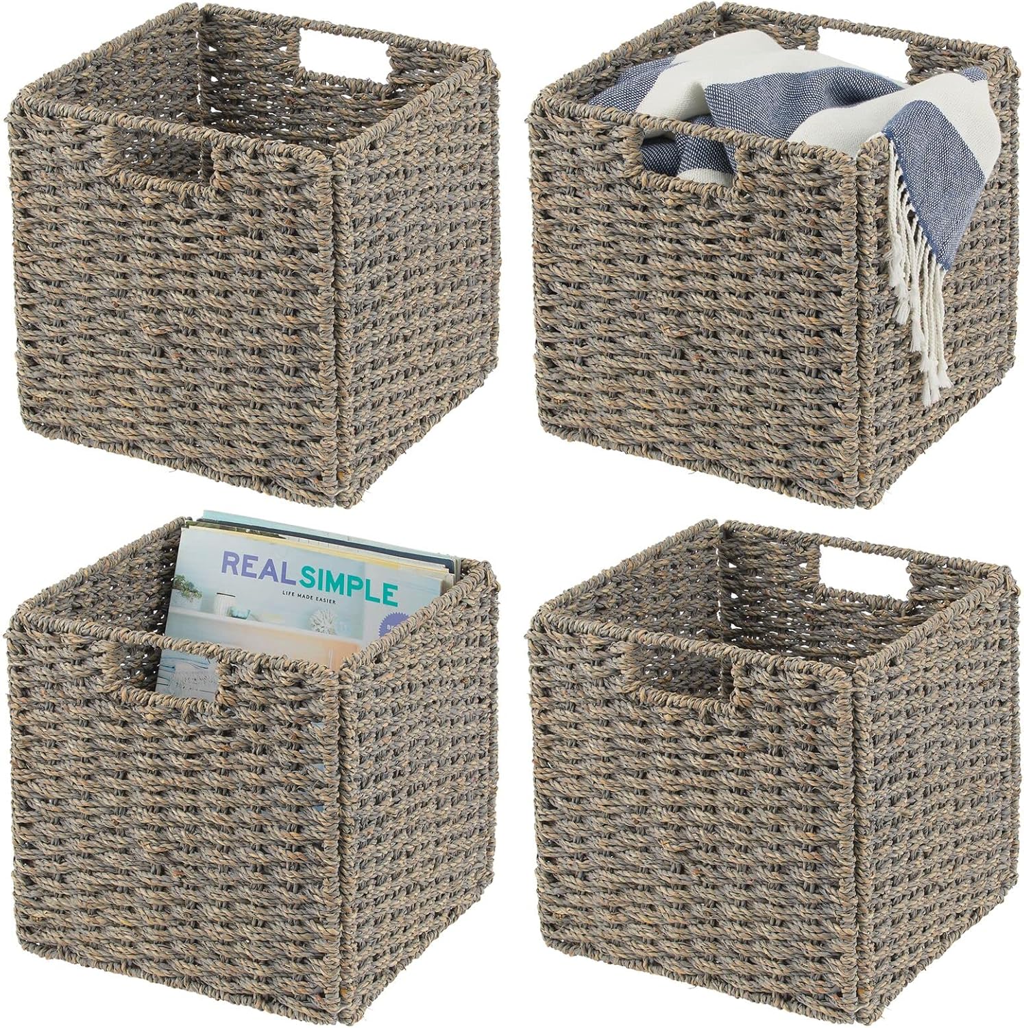 mDesign Seagrass Woven Cube Foldable Storage Bins Basket Organizer with Handle - for Organizing Closet, Laundry, Home Office, Nursery, Kitchen, Bathroom Shelf - 6 Pack - Natural