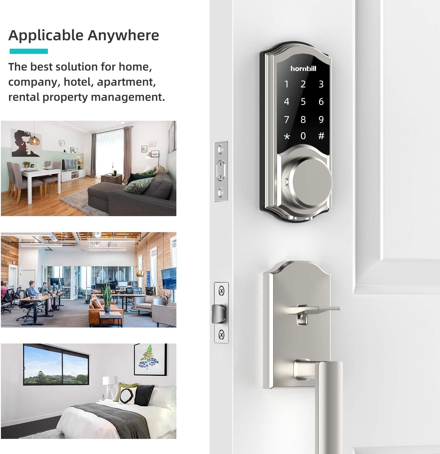 Smart Deadbolt Lock Front Door, hornbill Keyless Entry Door Lock with Keypad, Bluetooth Smart Locks Work with Alexa, Digital Code Lock for Airbnb and Vacation Rental Hosts