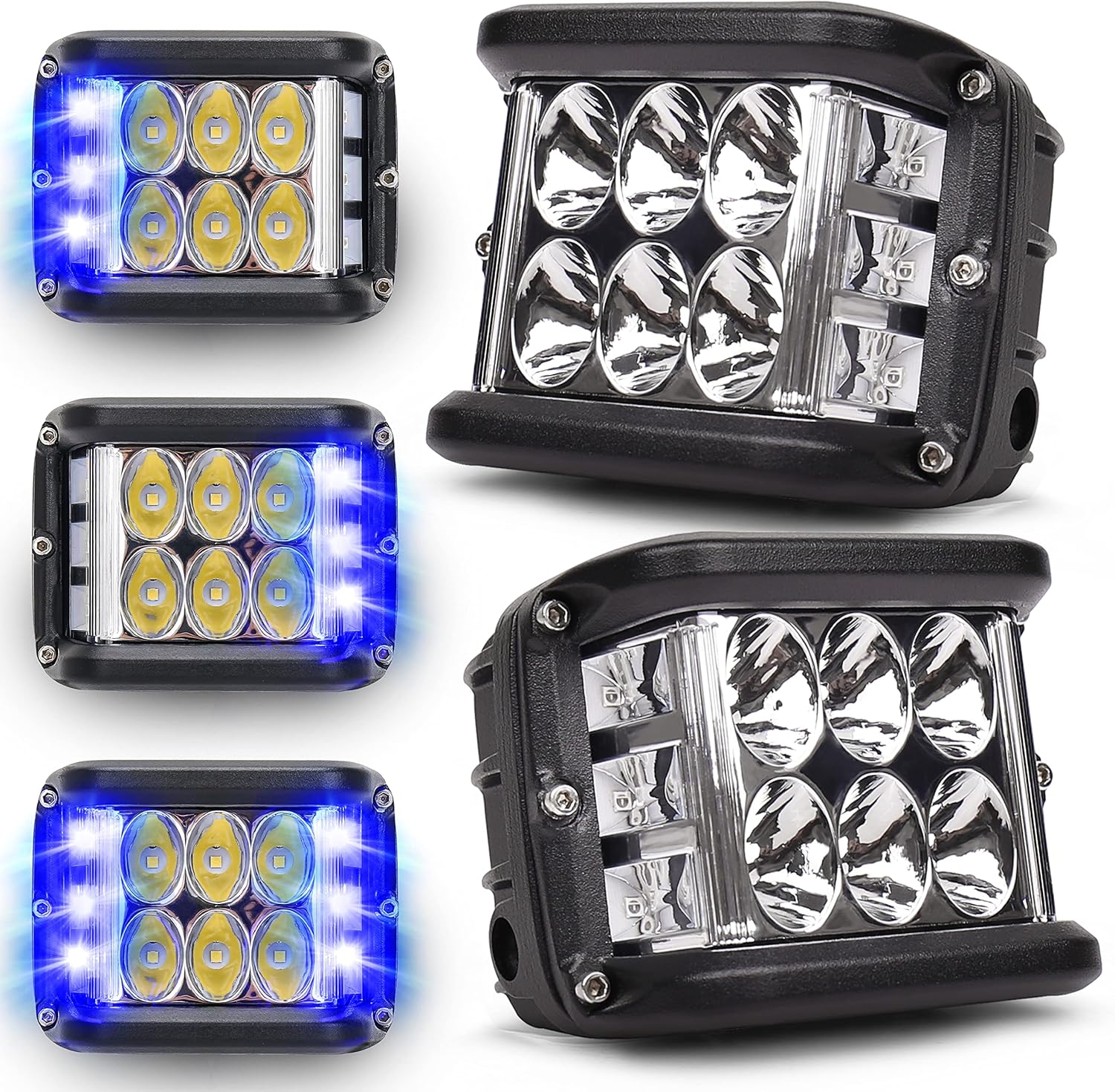 4 Inch LED Pod Lights, HOYUZA Side Shooter LED Lights with Red & Blue Dual Color Strobe LED Cubes for Farm Tractor Plow Truck ATV UTV 4x4