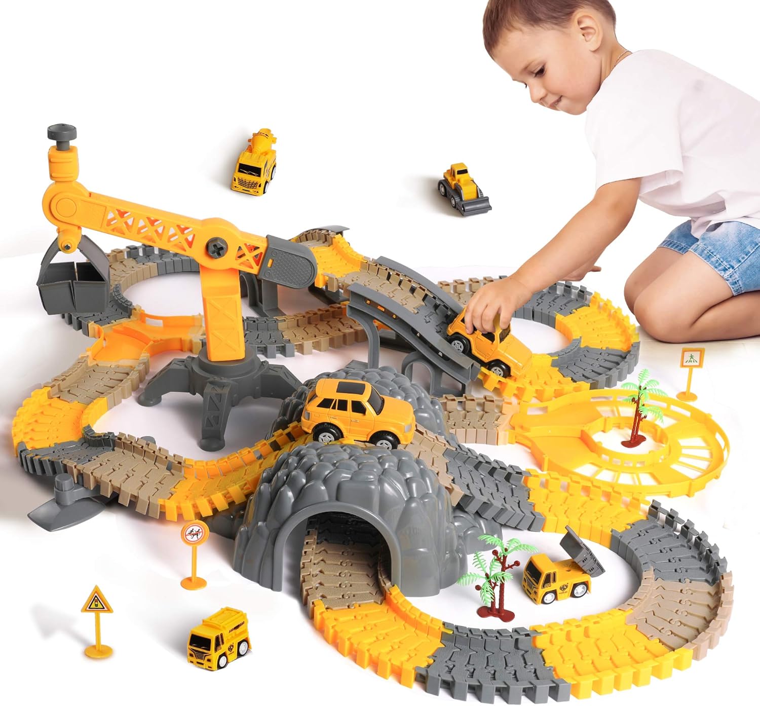 TUMAMA 258pcs Construction Race Track Vehicle Toys for Boys and Girls with 2 Electric Cars,STEM Building Bendable Race Cars Trucks Track Sets for Toddlers 3 4 5 6 Years Old