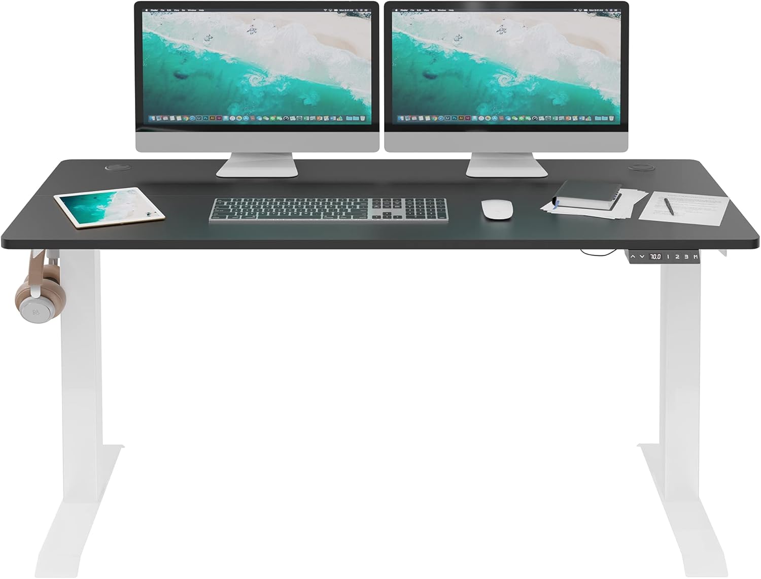 Walsunny Electric Height Adjustable Standing Desk, 48 x 24 Inches Splice Board, Sit Stand Up Computer Table with Memory Preset Controller for Home, Office,Black Frame/Walnut Top