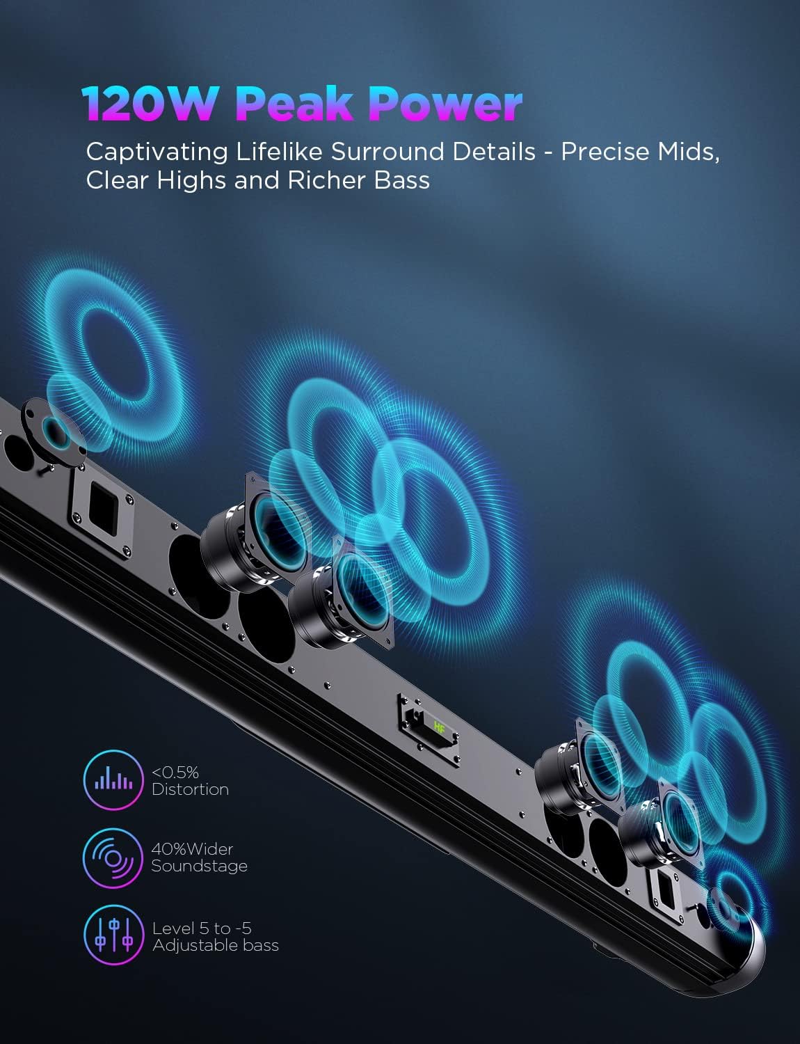 Soundbar for TV Compatible with Dolby Audio, 120W, 120 dB, 8 EQ Modes, 3D Surround Soundbar for TV, Built-in Subwoofer, HDMI-ARC/Optical/Aux Connection, CEC, Works with 4K & HD TVs, Black