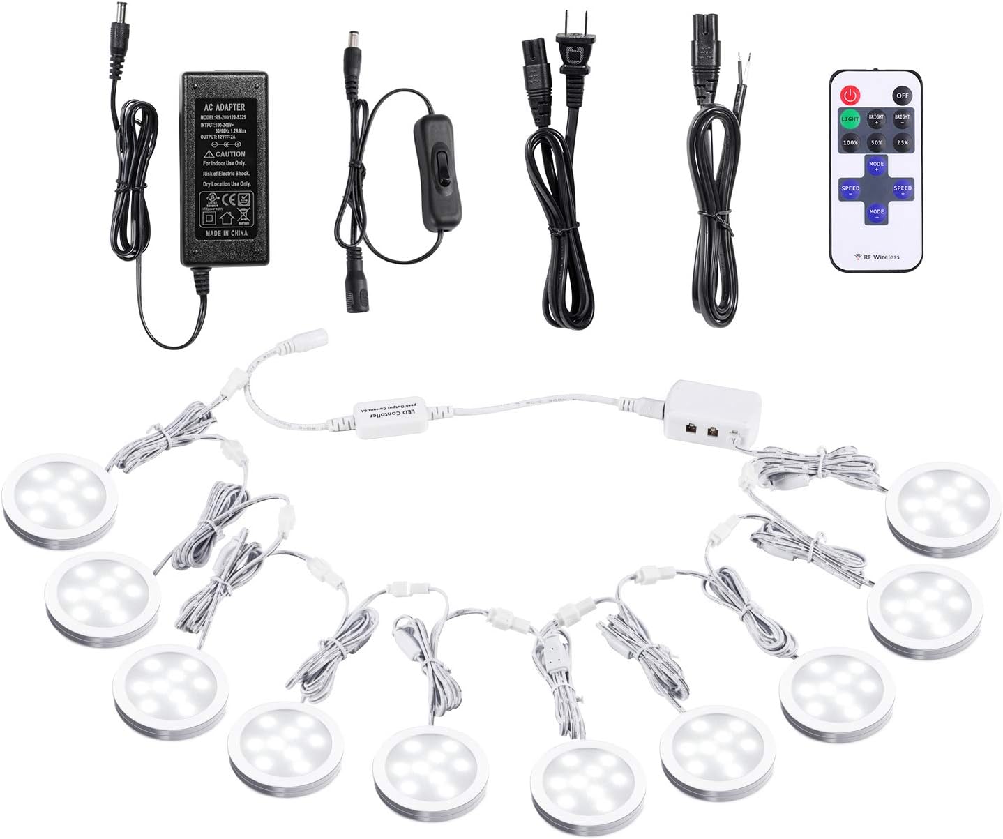 AIBOO Linkable Under Cabinet LED Lighting 12V Dimmable Puck Lights with Wireless RF Remote Control, Hardwired & Wall Plug in for Display Lighting(10 Lights, Daylight White) Pack of 2