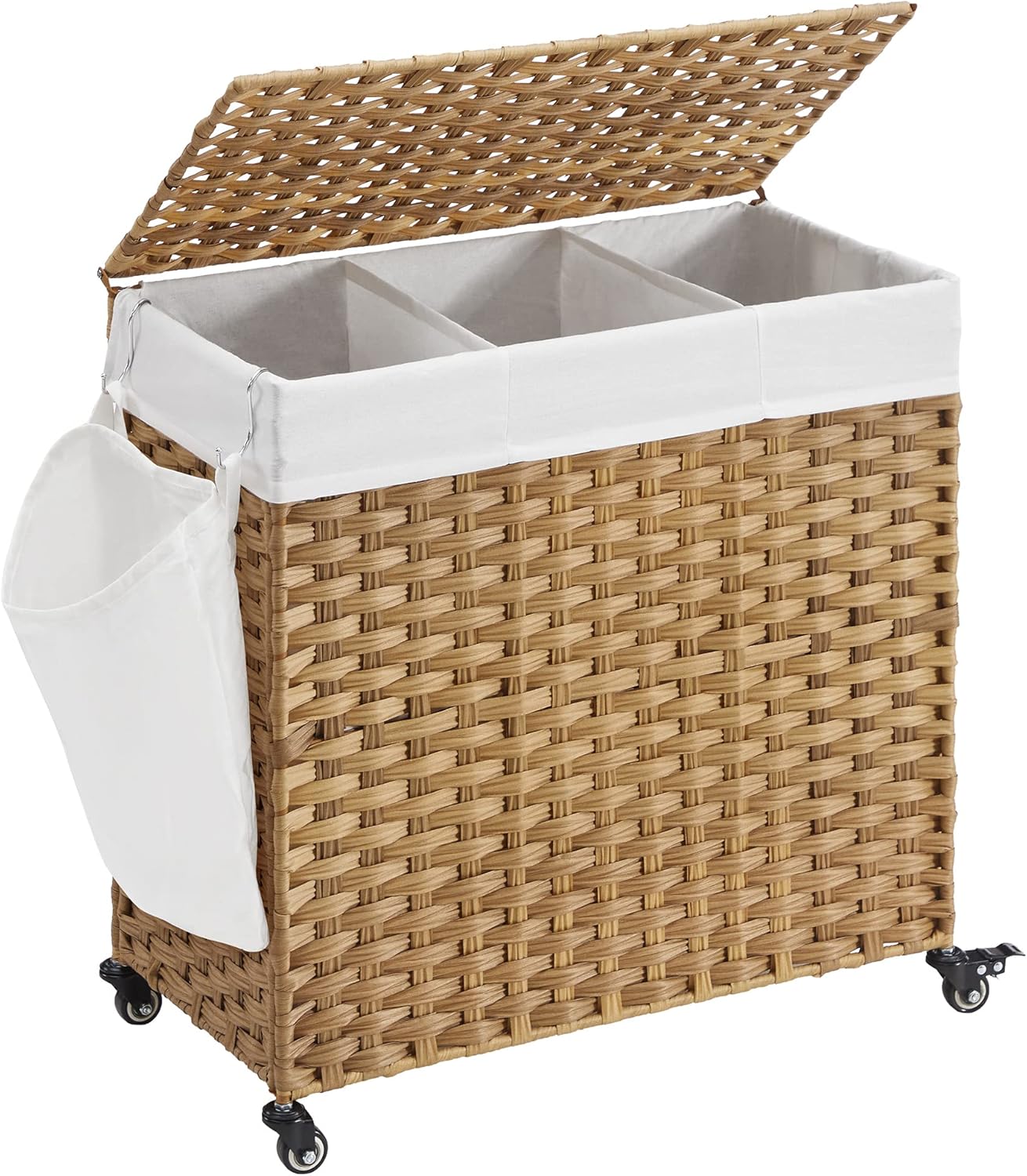 SONGMICS Laundry Hamper, Handwoven Laundry Basket, 140L Rattan Style with 3 Compartments, Removable Liner, Handles, Lid, for Living Room, Bathroom, 26 x 13 x 23.6 Inches, Gray ULCB363G01 Pack of 2