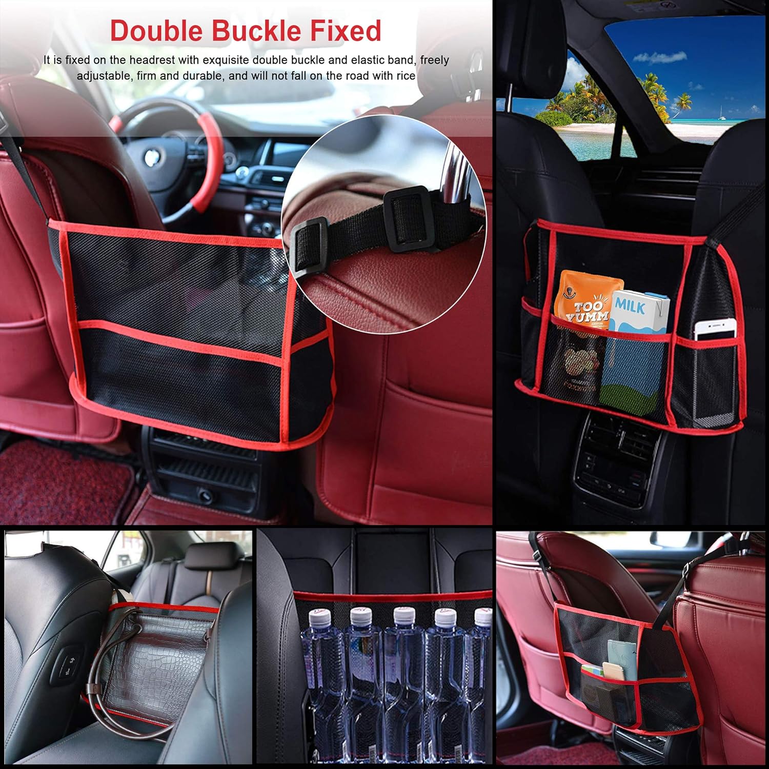 MZ Purse Holder For Car With Bling Car Decor Ring Sticker,Backseat Net Multi Pocket for Smaller Items and Car Accessories,Between Seat Purse Storage and Mesh Organizers Pouch,Barrier from Kids and Dogs