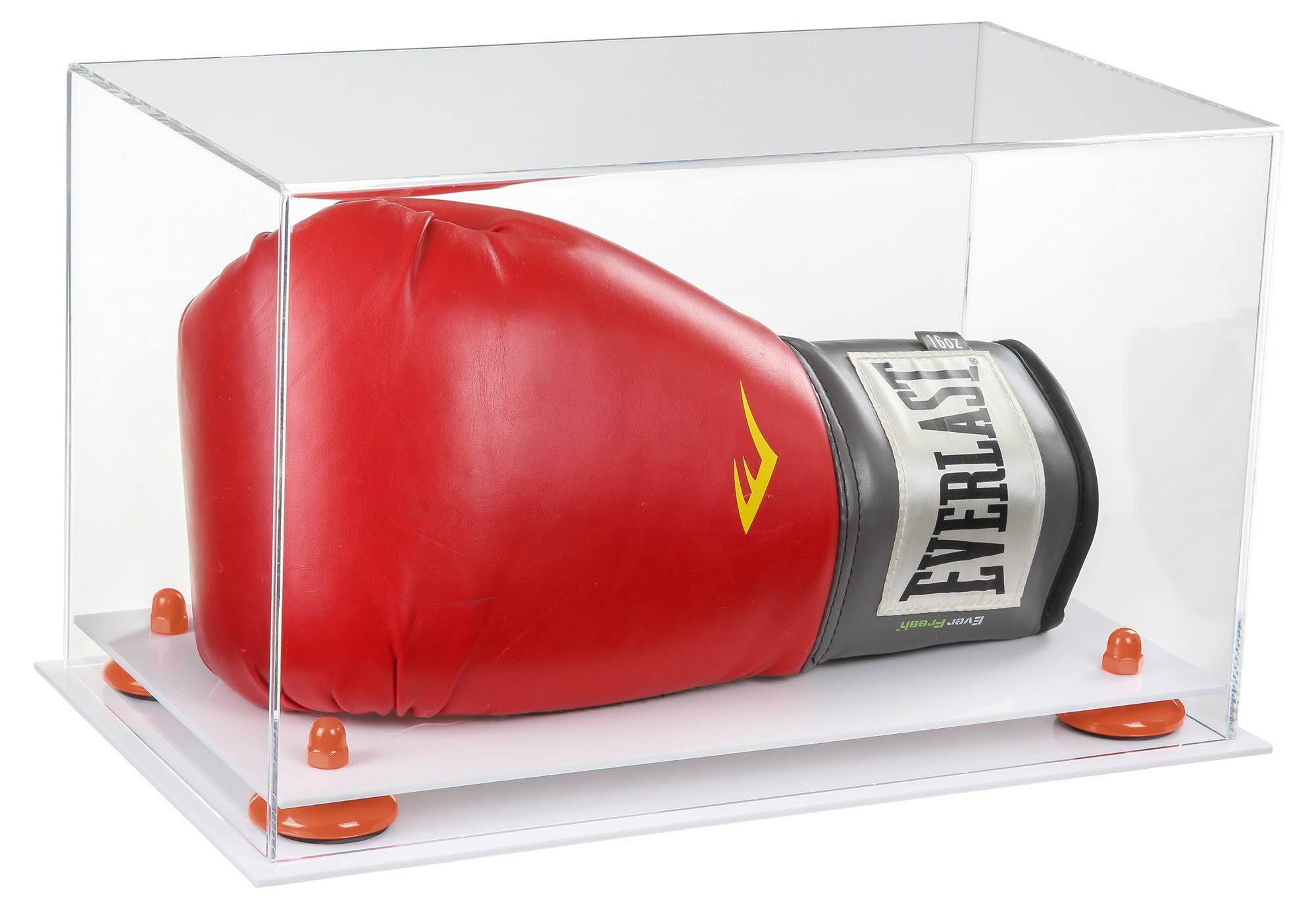 Clear Acrylic Single or Double Boxing Glove Display Case with Orange Risers and White Base (A011-OR)