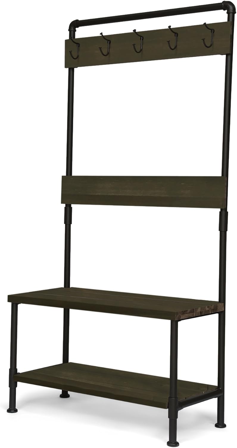 Kay Indoor Industrial Acacia Wood Bench with Shelf and Coat Hooks, Teak Finish