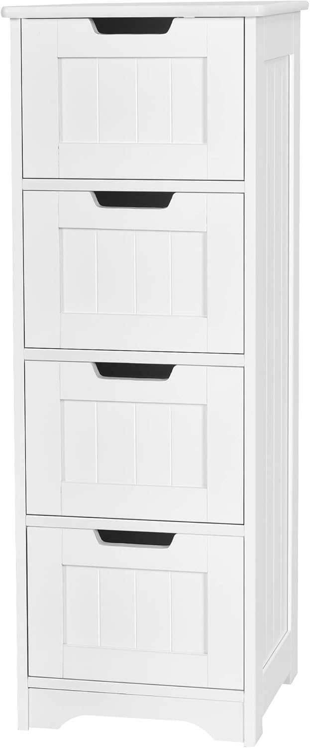 Tangkula Bathroom Floor Cabinet with 4 Drawers, 12 x 12 x 33 Inch, Freestanding Storage Cabinet for Bathroom Bedroom Living Room, Wooden Cabinet Organizer Unit for Home Office (White) Pack of 2
