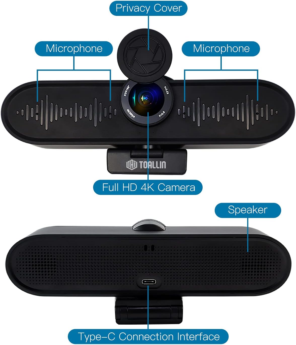 TOALLIN HD 4K Webcam with Microphone and Speaker, All in One Video Conferencing Webcam with Privacy Cover, USB Plug and Play 90° Wide View Angle Conference Camera for Small Meeting Rooms