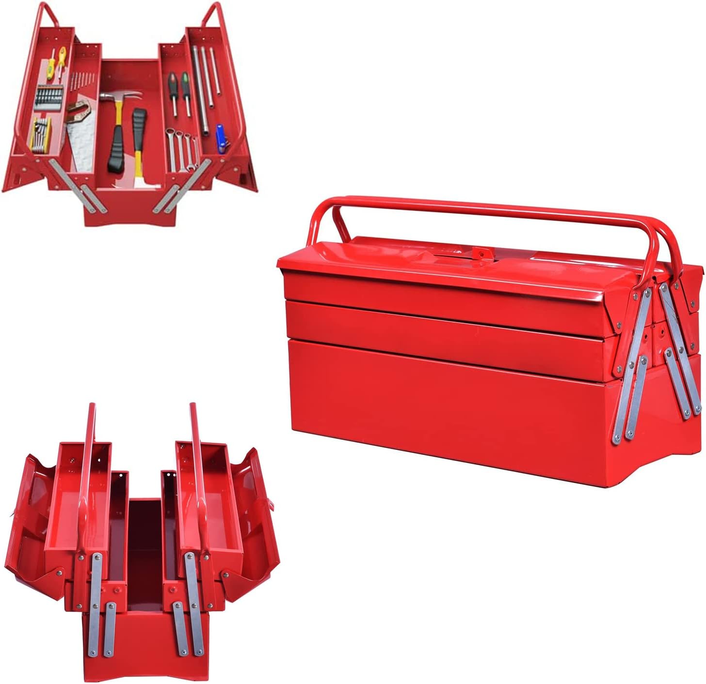 Goplus 20-Inch Portable 5-Tray Cantilever Metal Tool Box Steel Tool Chest Cabinet, Red Pack of 2