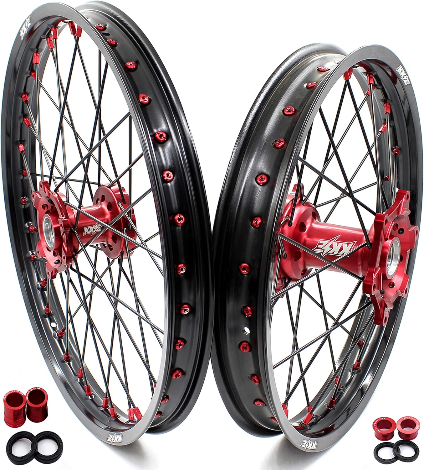 KKE MX 21/18 Off-road Racing Wheels Compatible with HONDA CRF250R/450R 2002-2012 CR125R/250R 2002-2013 Red Nipple