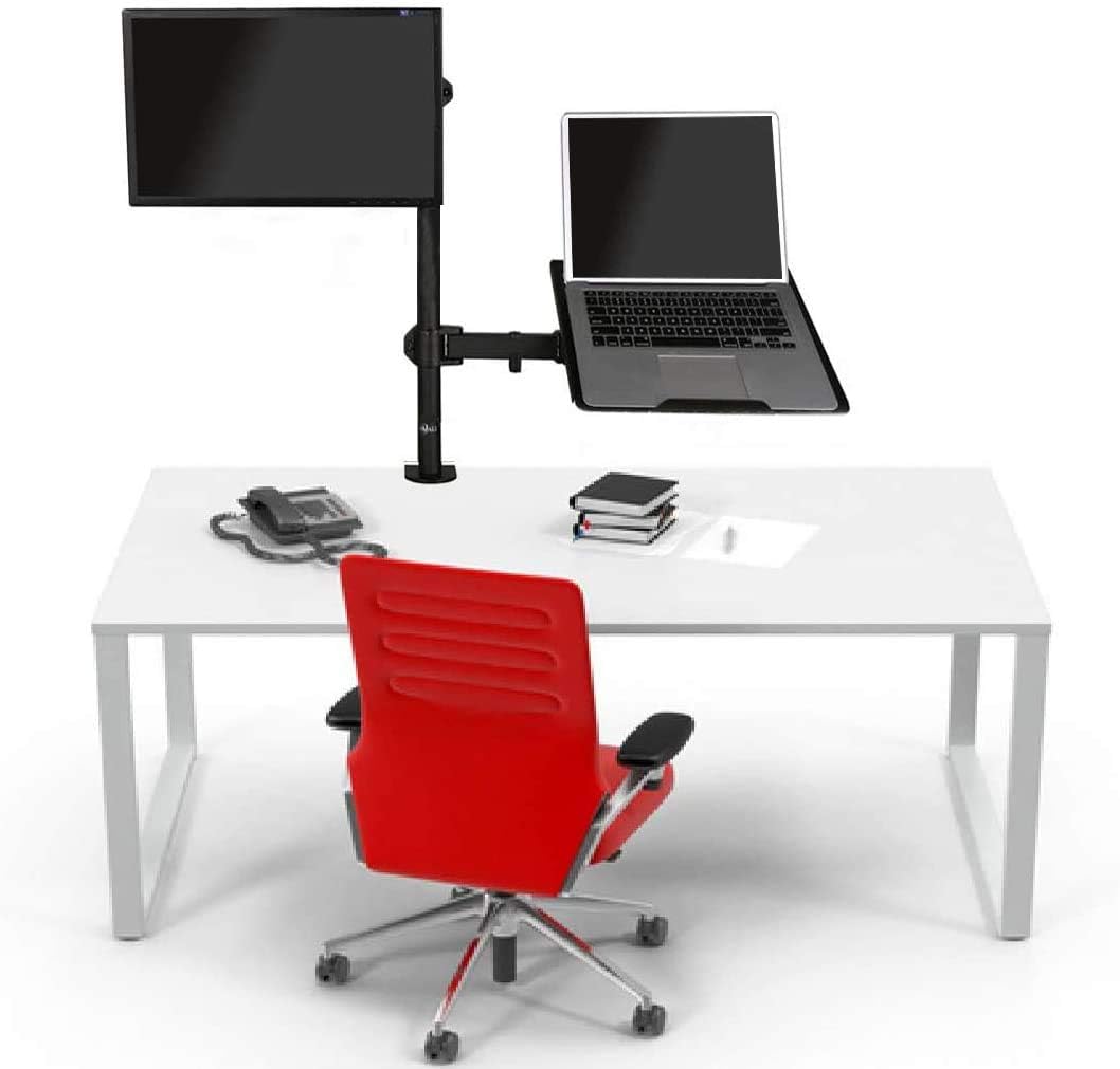 WALI Extra Tall Single LCD Monitor Stand Desk Mount with Laptop Tray for 1 Laptop Notebook and 1 LCD Monitor Mount, Fully Adjustable Fits up to 17 inch Notebook and 27 inch Display (M001XLLP), Black Pack of 2