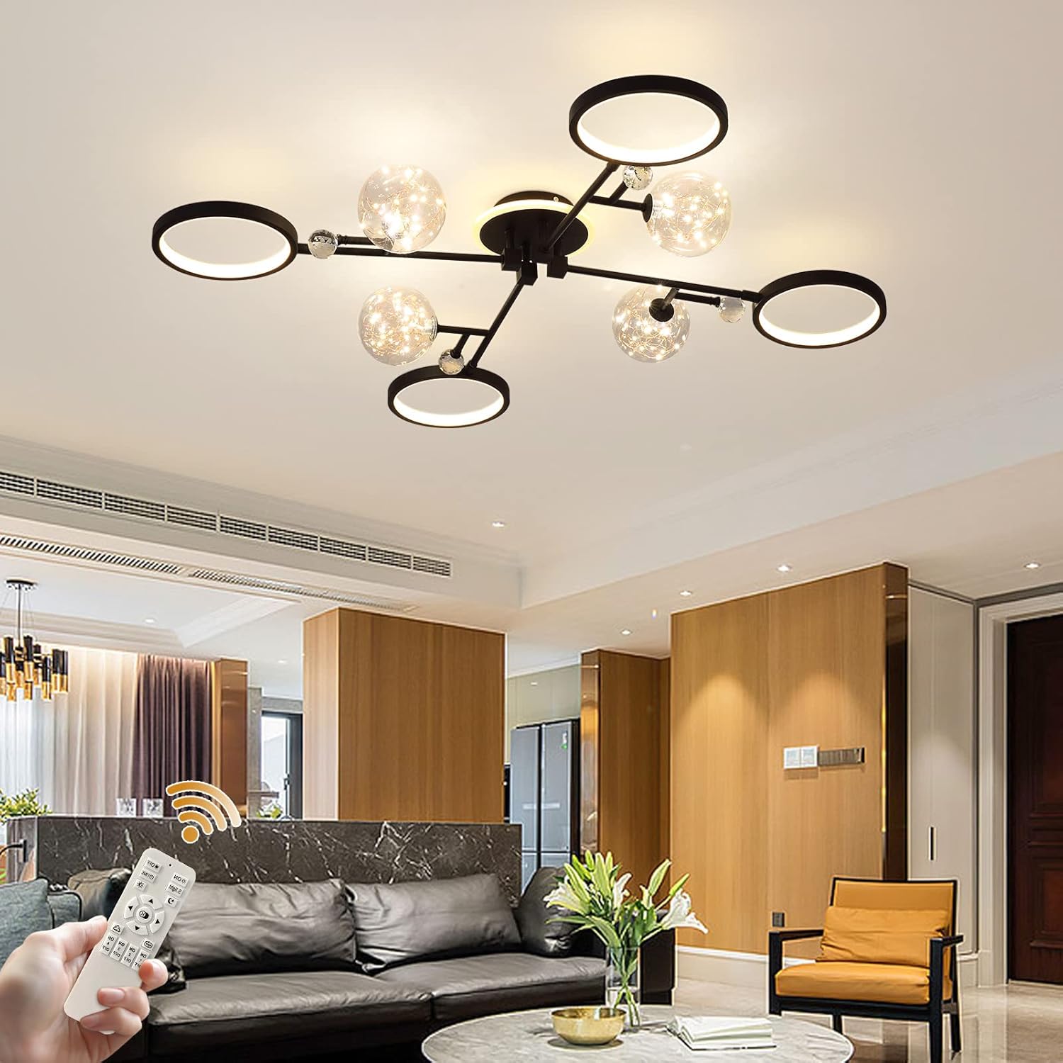 Siittoo Modern Ceiling Light, Dimmable LED Ceiling Lamp with Remote, 4 Rings Flush Mount Ceiling Light Black Ceiling Chandelier for Living Dining Room Bedroom Kitchen (47W, 4 String Light Bulbs)