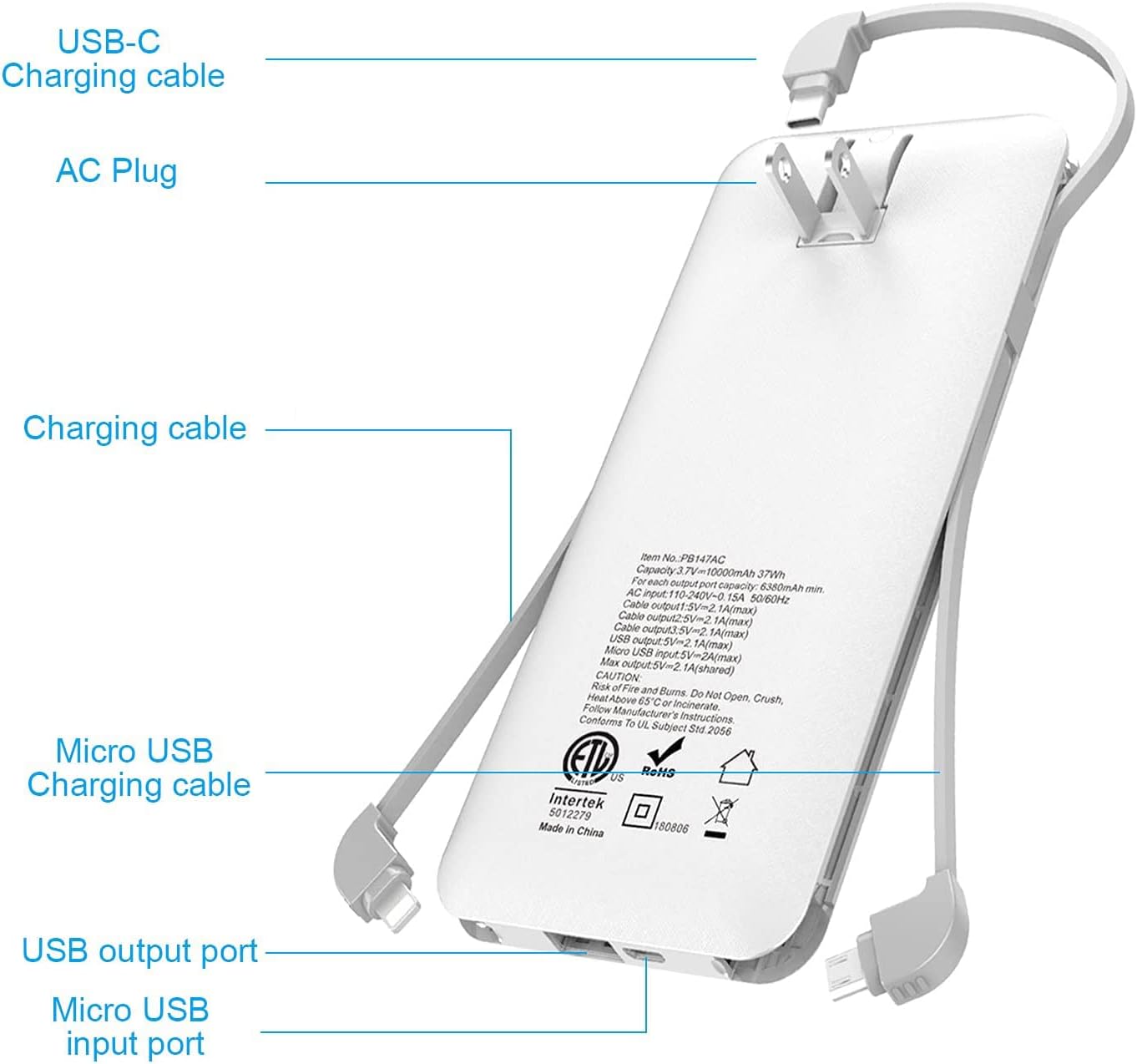 10000mAh Q Portable Charger, Ultra Slim USB C Power Bank, 4 Output Dual Input External Battery Pack with Built-in AC Wall Plug,Built in Micro and USB C Three Cables Compatible with All mobilephone