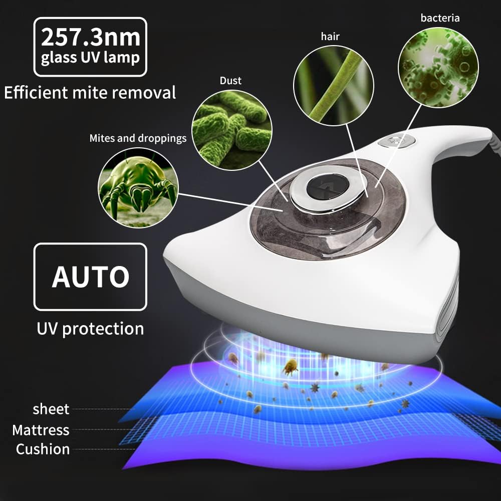 Bed Vacuum Cleaner UV Lamp12Kpa Strong Suction Low Noise Corded Handheld Cleaner for Bed Sofa Mattress Pillows Pet Hair and Carpets Portable Cleaning