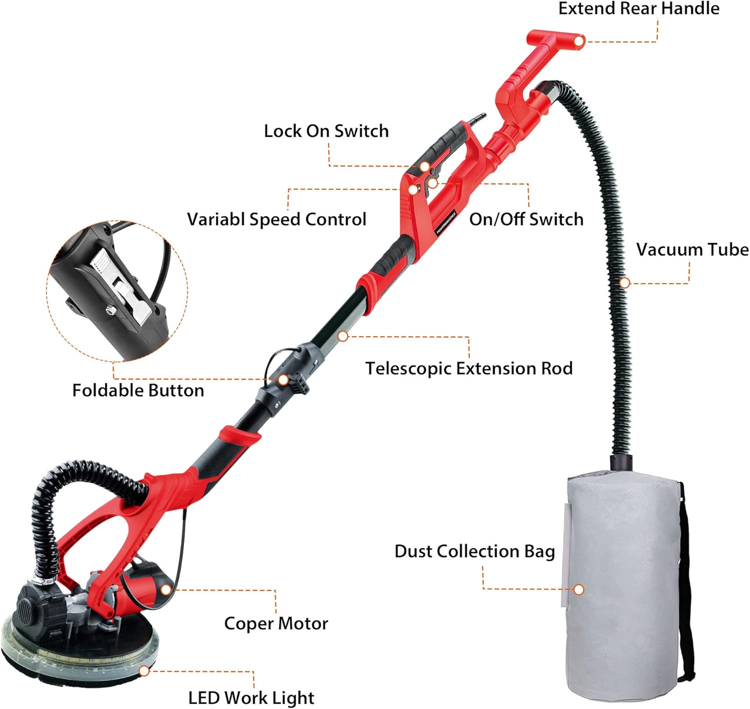 Electric Drywall Sander,750W Drywall Sander with Vacuum,Foldable Wall Sander with Extendable Handle,Variable Speed 1000-1850 RPM,LED Light,6 Sanding Papers,Perfect for Sanding Walls and Ceiling
