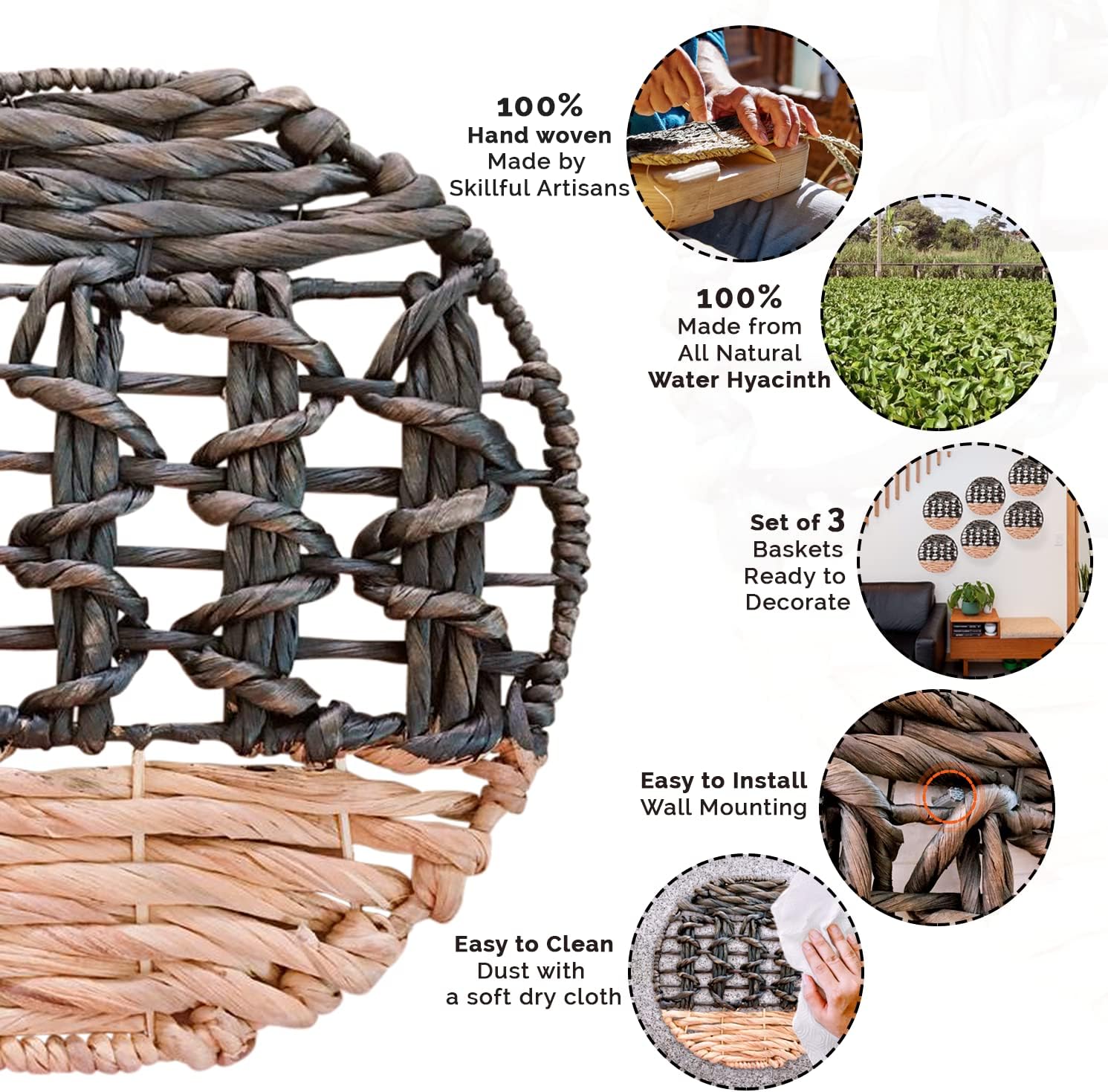 Flat Boho Wall Baskets - Set of 3- Woven Basket Wall Decor - Seagrass, Rattan Decor, Wicker, Bohemian Wall Decor - Woven Wall Decor, Neutral, Black, Wall Baskets Decor Boho Flat for Kitchen, Bedroom Pack of 2