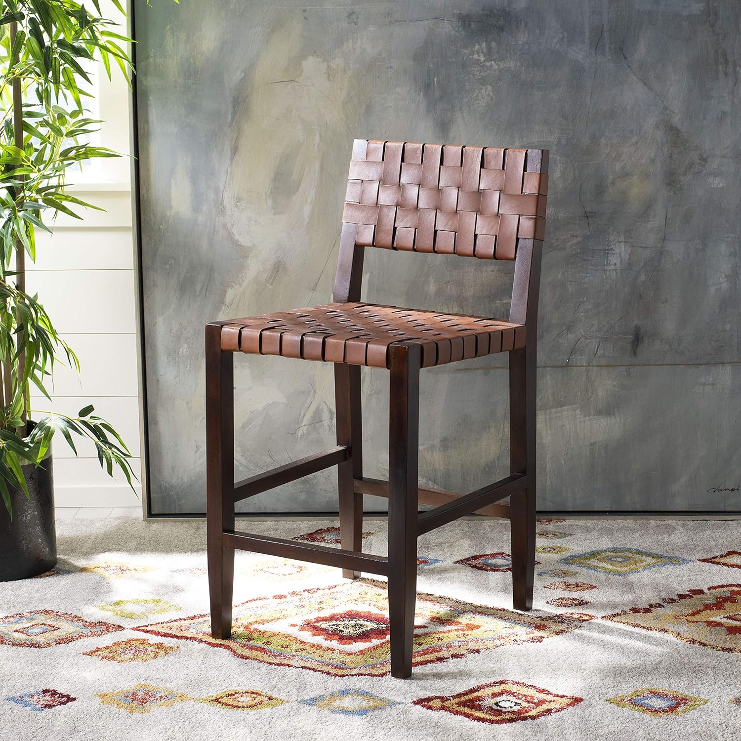 Safavieh Home Collection Paxton Cognac and Walnut Woven 24-inch Leather Counter Stool
