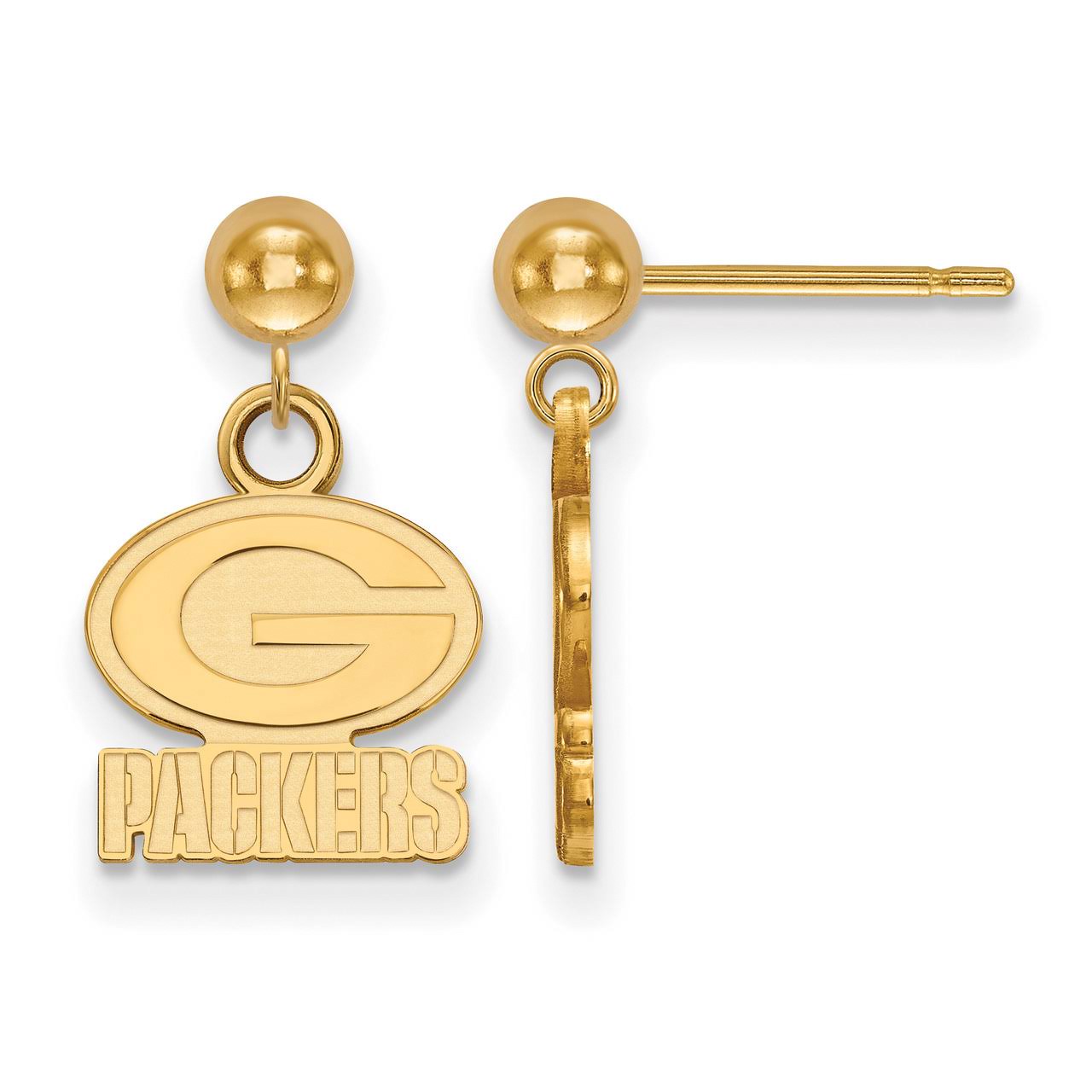 Green Bay Packers Sterling Silver Gold Plated Dangle Ball Earrings