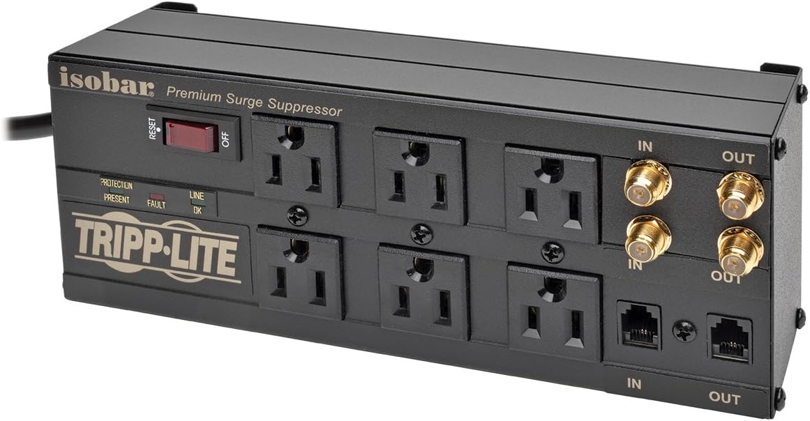 Tripp Lite Isobar 6 Outlet Surge Protector Power Strip, 6ft Cord, Right-Angle Plug, Tel/Coax/Modem Metal Protection, & $250,000 INSURANCE (ISOBAR6DBS) Pack of 2