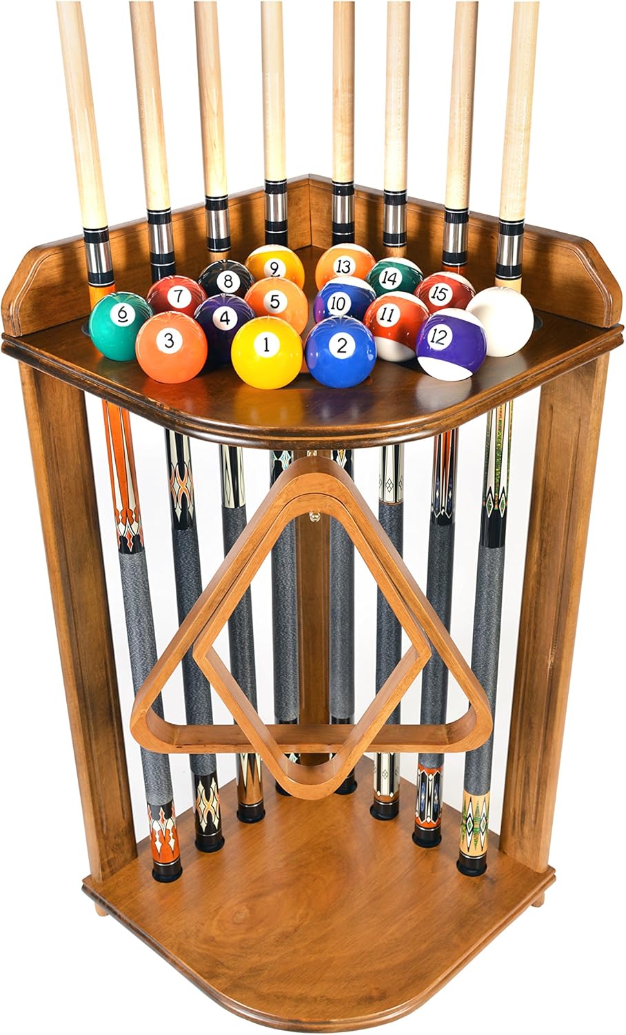 ISZY Billiards 8 Pool Cue Rack Only- Billiard Stick Stand Holds 8 Cues & Ball Set Choose Mahogany, Dark Oak or Black Finish